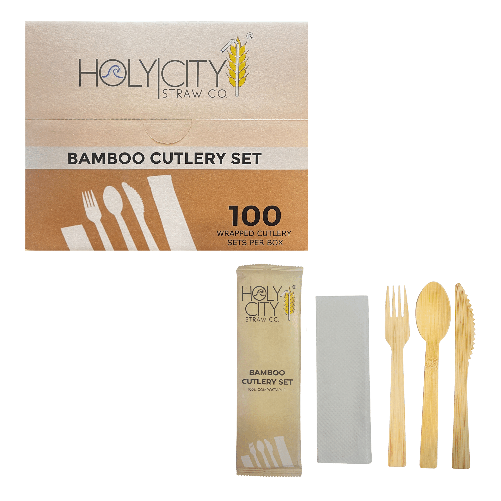 100ct Bamboo Cutlery Set by Holy City Straw Co, 100% Compostable Wrapped Utensils, Eco-Friendly Disposable Fork, Knife, and Spoon with Napkin