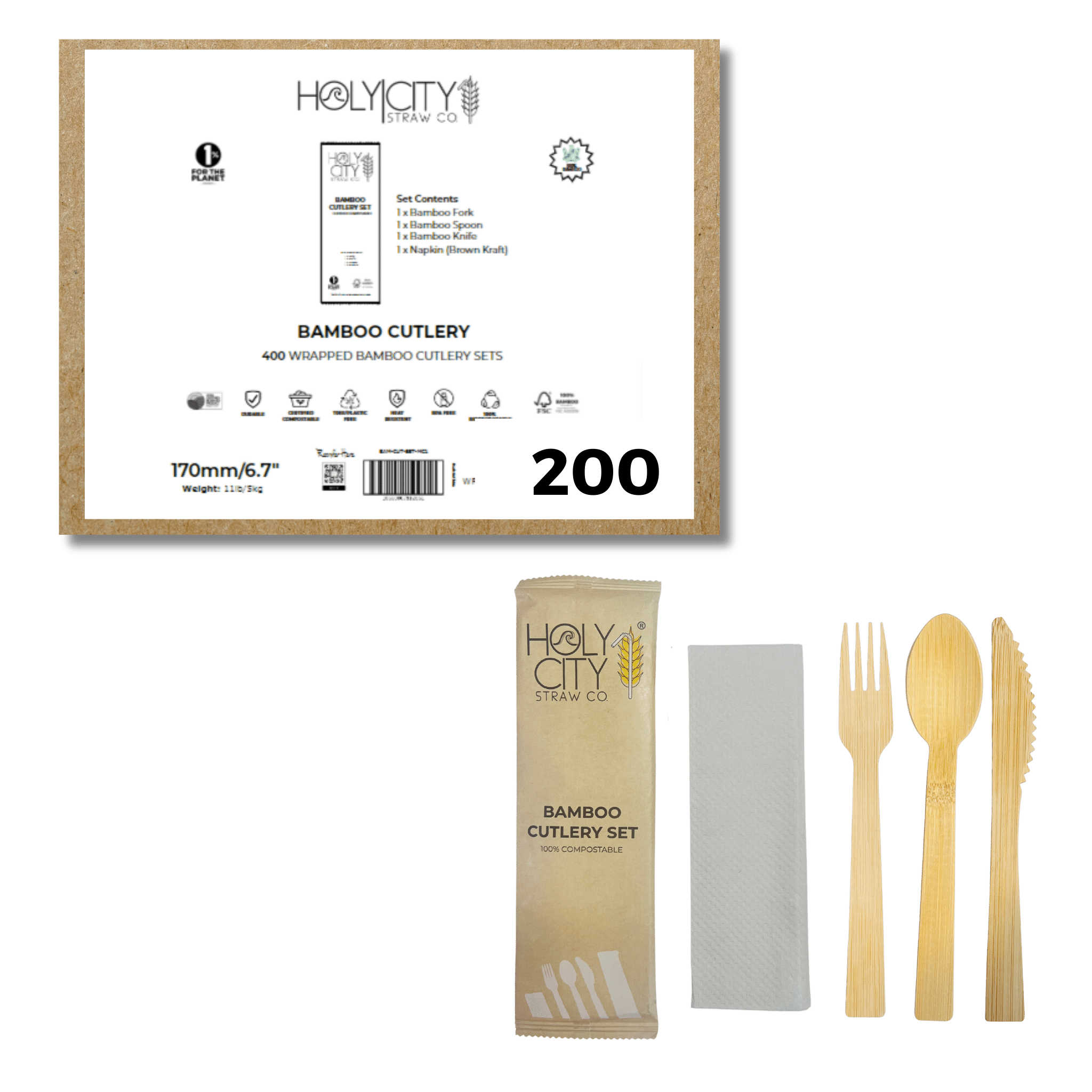 200Ct Box Bamboo Cutlery Set by Holy City Straw Co, 100% Compostable Wrapped Utensils, Eco-Friendly Disposable Fork, Knife, and Spoon with Napkin
