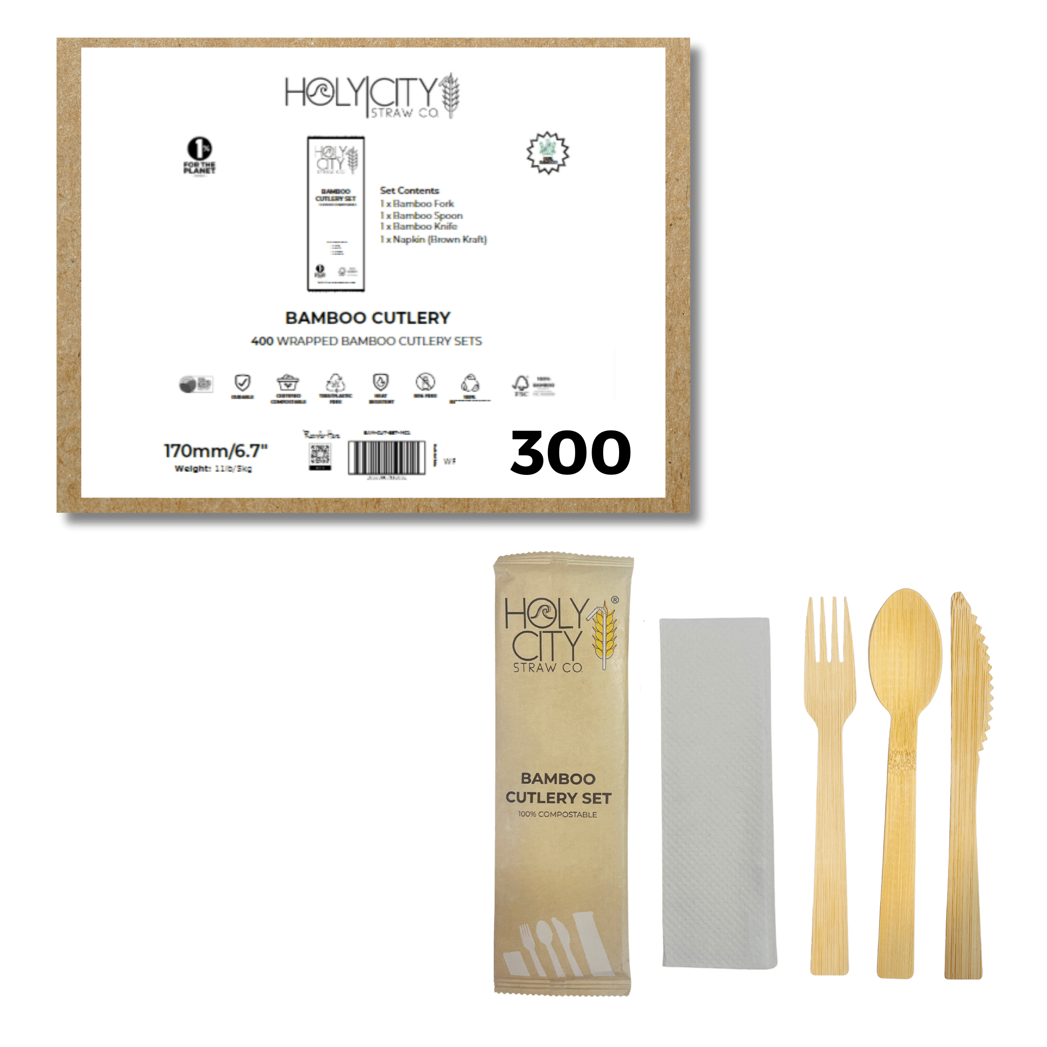 300Ct Box Bamboo Cutlery Set by Holy City Straw Co, 100% Compostable Wrapped Utensils, Eco-Friendly Disposable Fork, Knife, and Spoon with Napkin