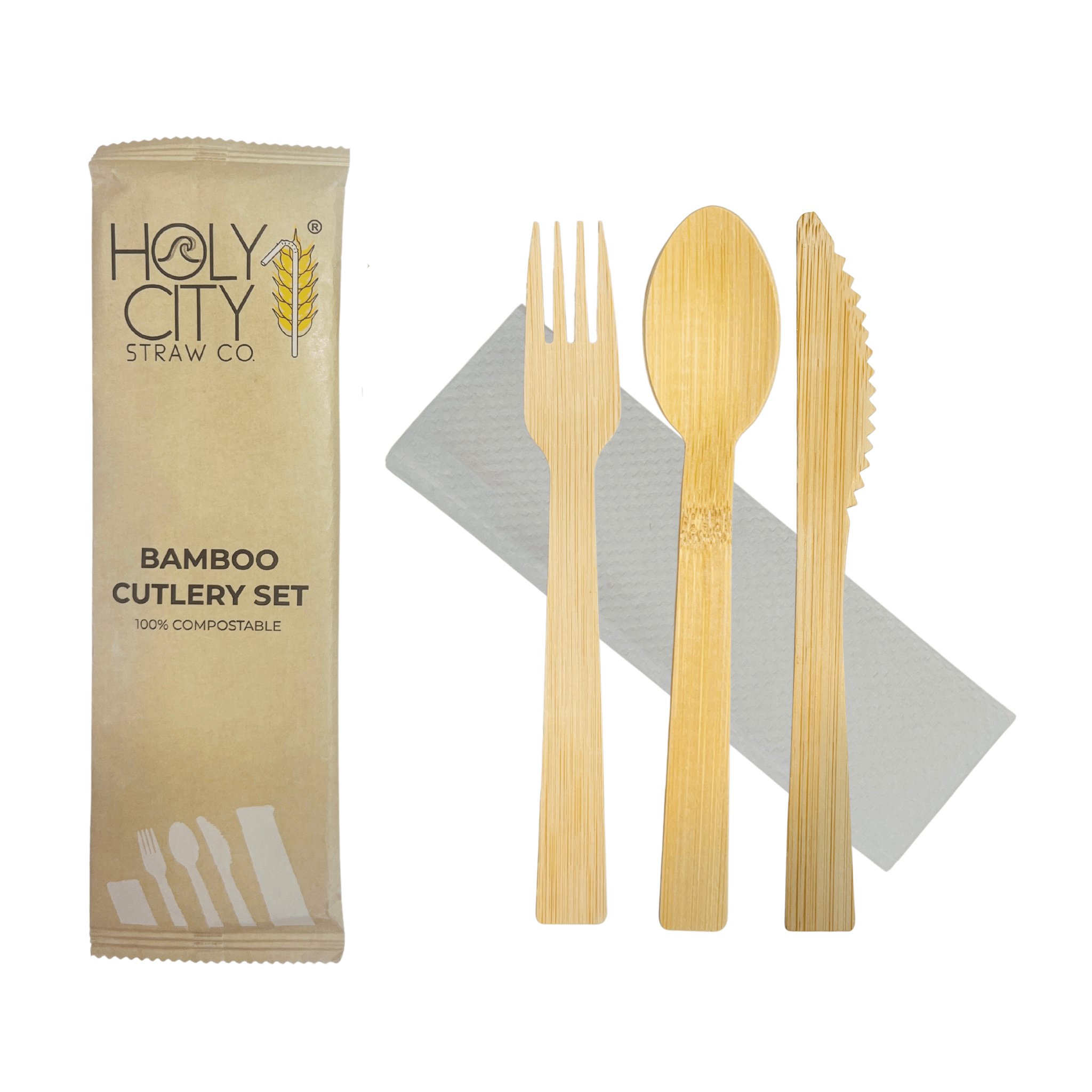 Bamboo Cutlery Set by Holy City Straw Co, 100% Compostable Wrapped Utensils, Eco-Friendly Disposable Fork, Knife, and Spoon with angled Napkin