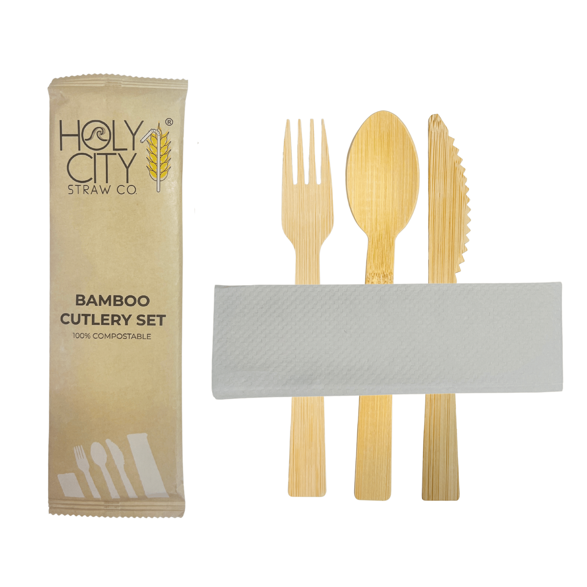 Bamboo Cutlery Set by Holy City Straw Co, 100% Compostable Wrapped Utensils, Eco-Friendly Disposable Fork, Knife, and Spoon with sideways Napkin