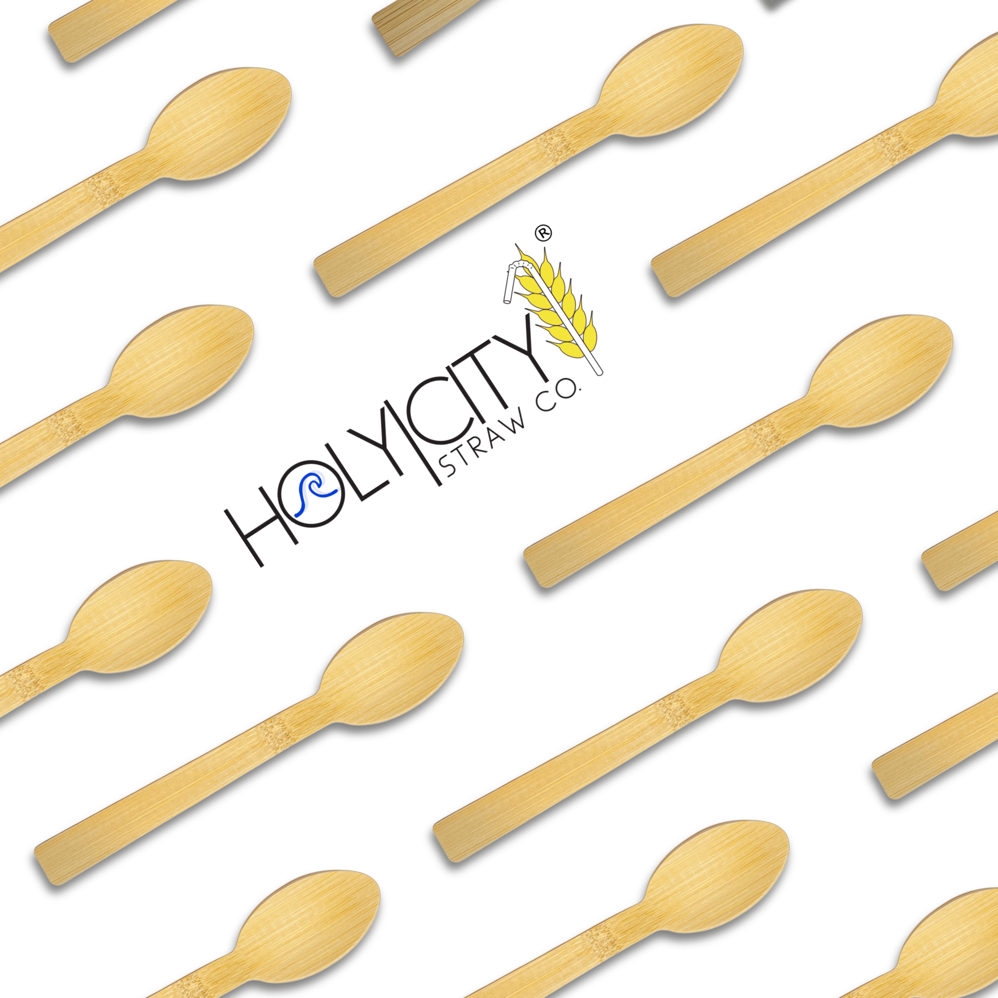 Holy City Straw Company wrapped bamboo spoons lined up on angle