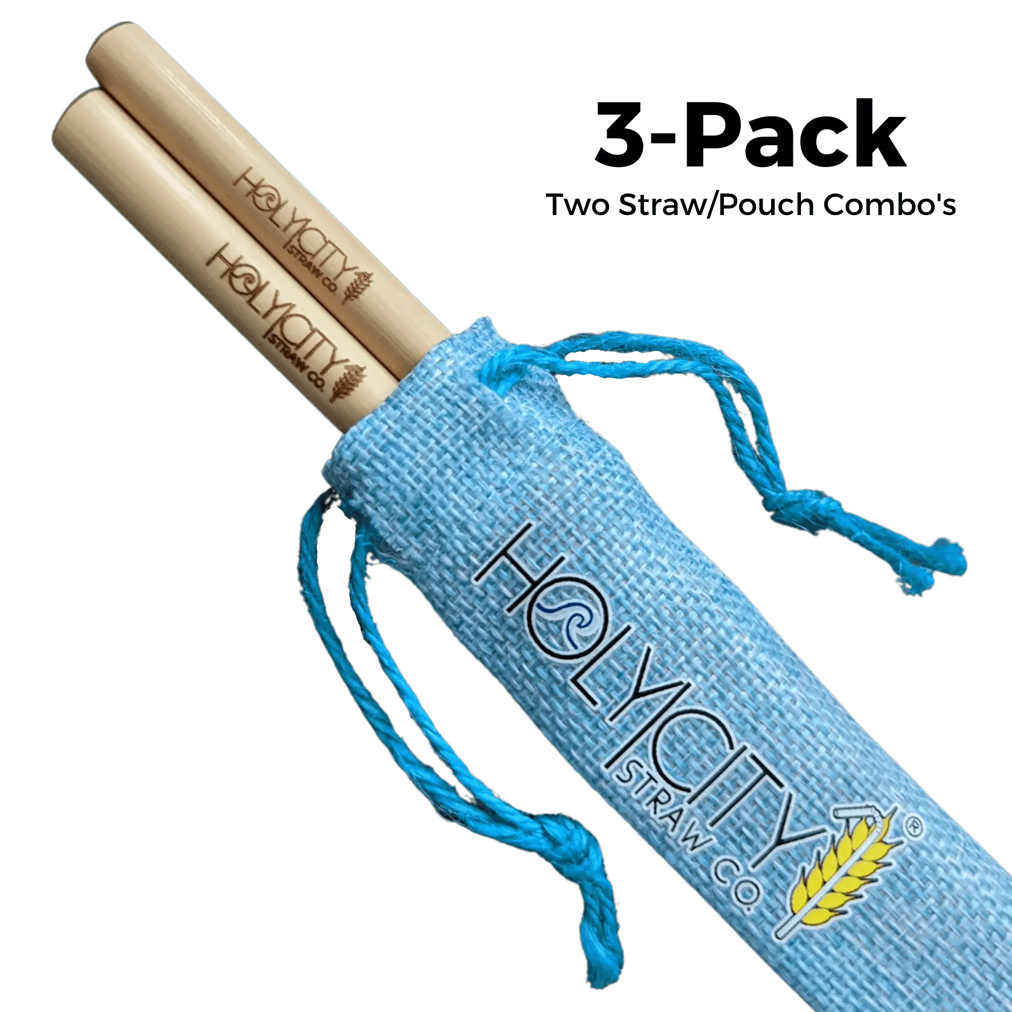 3 Pack Bundle of Two Straw Holy City Straw Company Branded Pouch