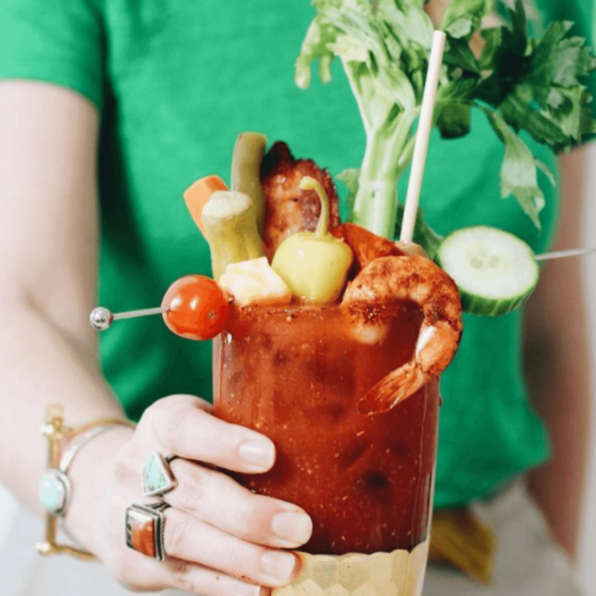 Bloody mary with garnishes and sustainable wheat straw