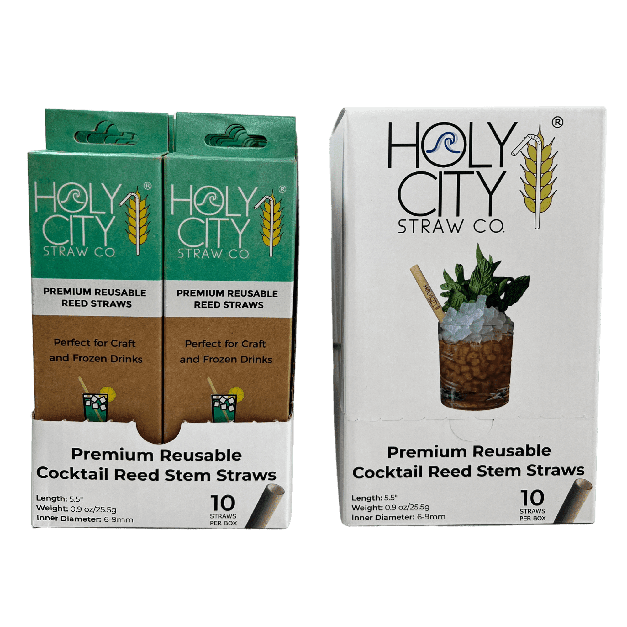 Cocktail Reed Stem Drinking Straws Inner pack 20 boxes 10 ct next to an unopened box Left