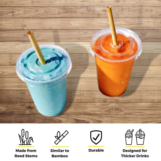 Two smoothies are placed side by side on a wooden surface. The left drink is blue, while the right one is orange. Both are in clear cups with biodegradable bamboo-like straws inserted through the lids. At the bottom, four icons illustrate that the straws are made from reed stems, similar to bamboo, durable, and designed for thicker drinks such as smoothies and shakes.