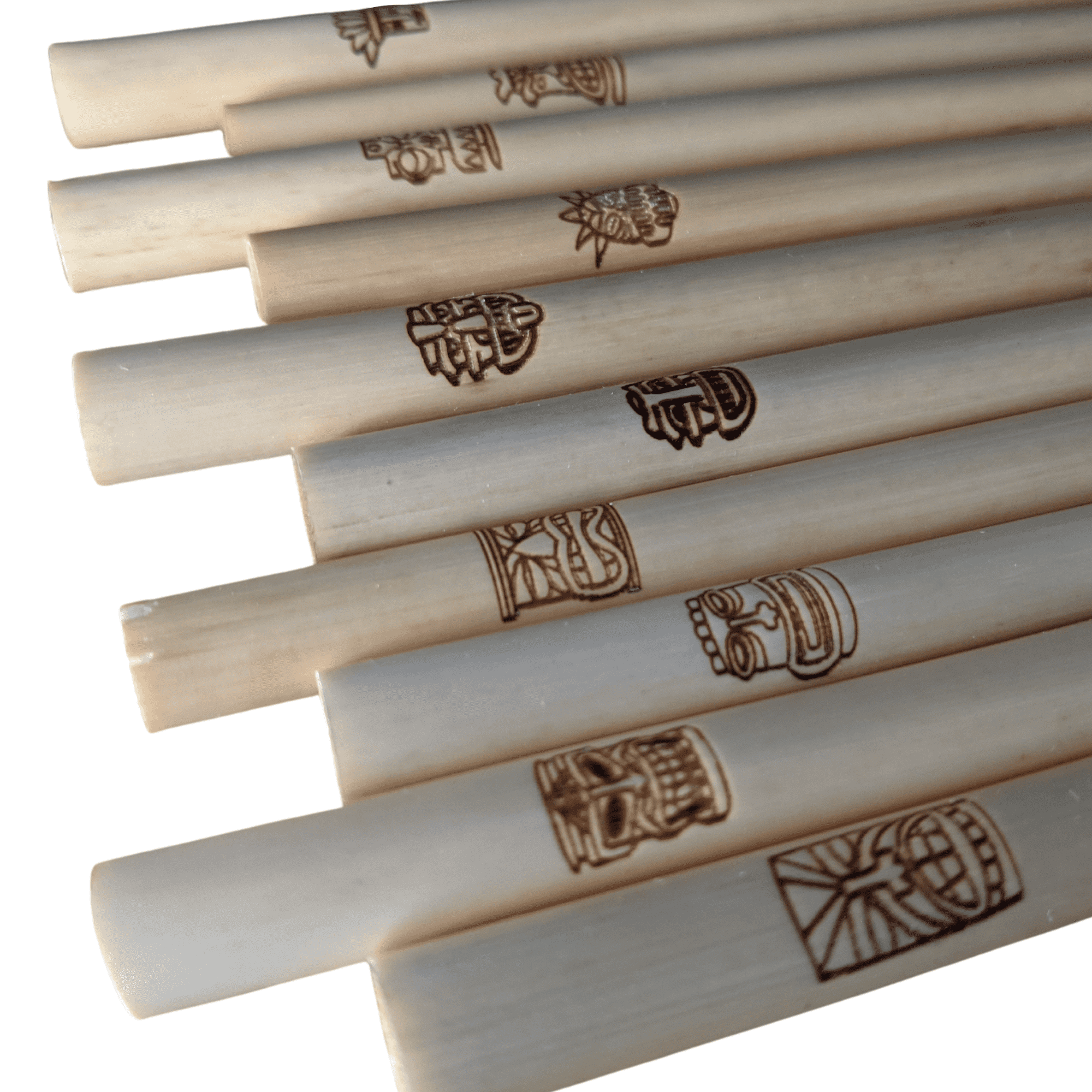 Holy City Straw Company Tiki Collector Series Branded Reed Straws 10 pack angled view of tiki masks included