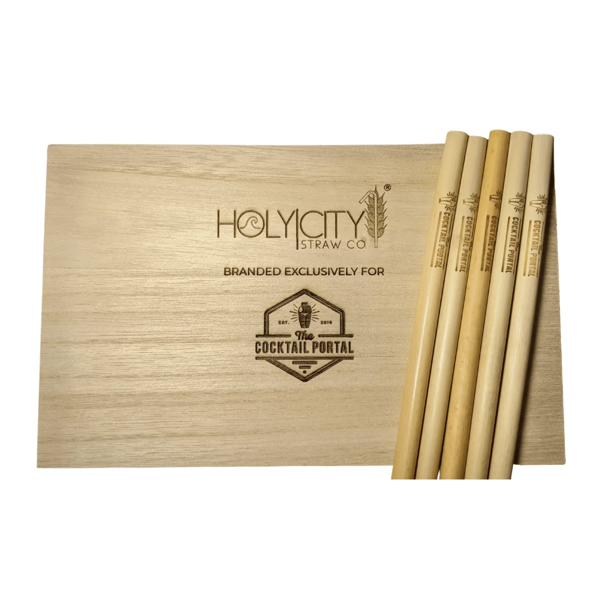 The Cocktail Portal Custom Branded Straw Holder Box with Laser Engraved Straws Top