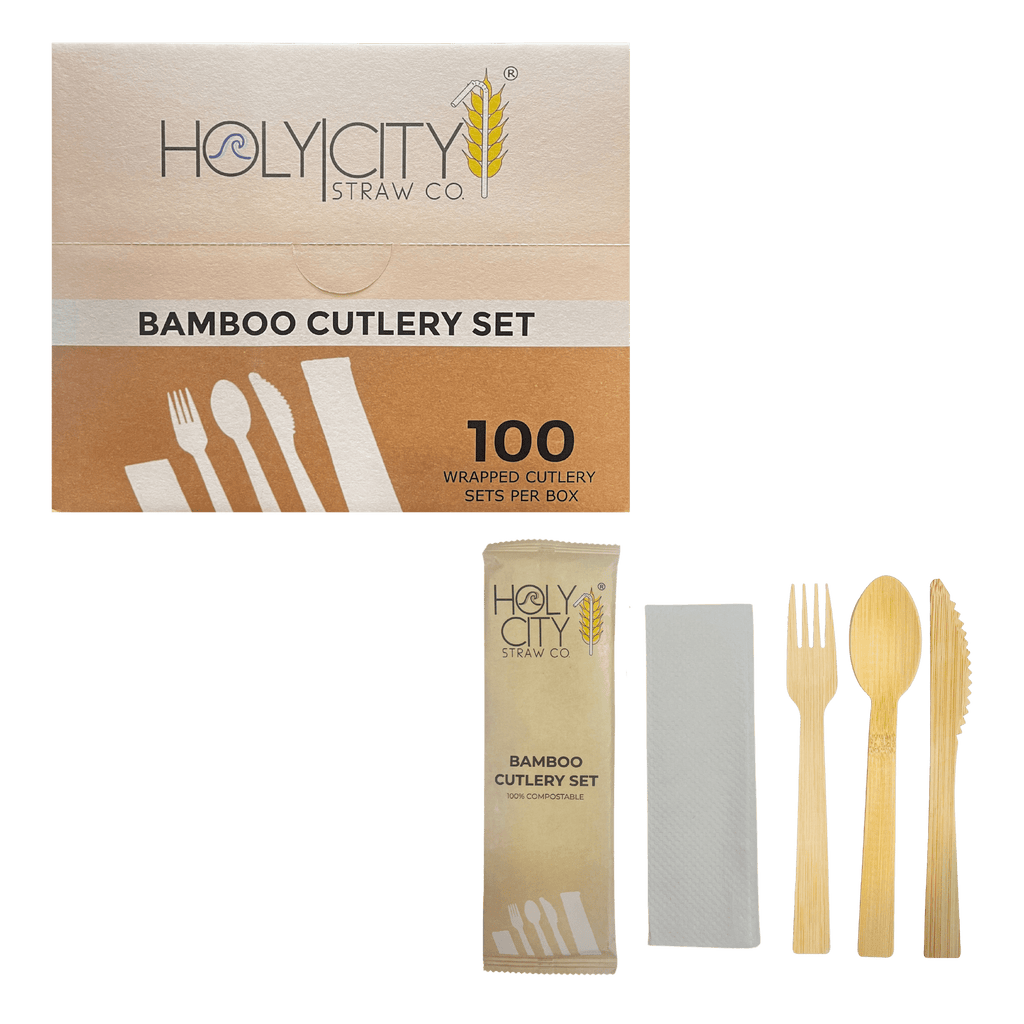 100ct Bamboo Cutlery Set by Holy City Straw Co, 100% Compostable Wrapped Utensils, Eco-Friendly Disposable Fork, Knife, and Spoon with Napkin
