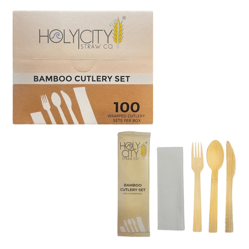 100ct Bamboo Cutlery Set by Holy City Straw Co, 100% Compostable Wrapped Utensils, Eco-Friendly Disposable Fork, Knife, and Spoon with Napkin