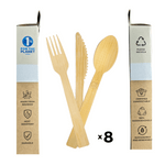 Sustainable bamboo cutlery set from Holy City Straw Co., including a fork, knife, and spoon, multiplied by eight to showcase the full 24-count set. Packaging features environmental commitments such as '1% for the Planet,' and icons indicating the utensils are made from bamboo, heat resistant, durable, certified compostable, 100% biodegradable, and sustainable. 'Please recycle' reminders emphasize the brand's dedication to eco-friendly practices.