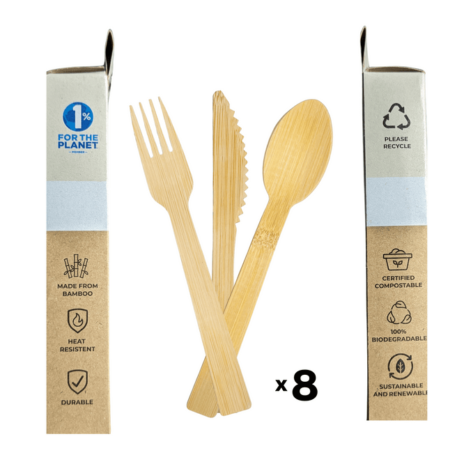 Sustainable bamboo cutlery set from Holy City Straw Co., including a fork, knife, and spoon, multiplied by eight to showcase the full 24-count set. Packaging features environmental commitments such as '1% for the Planet,' and icons indicating the utensils are made from bamboo, heat resistant, durable, certified compostable, 100% biodegradable, and sustainable. 'Please recycle' reminders emphasize the brand's dedication to eco-friendly practices.