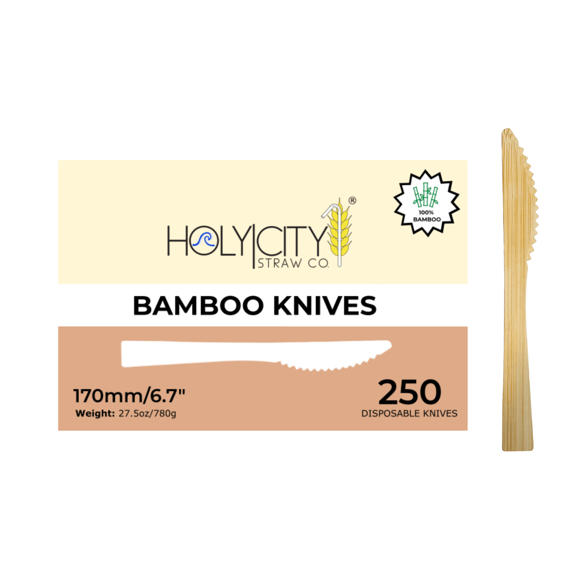 Box of Holy City Straw Company Bamboo knives 250 disposable knives digital
