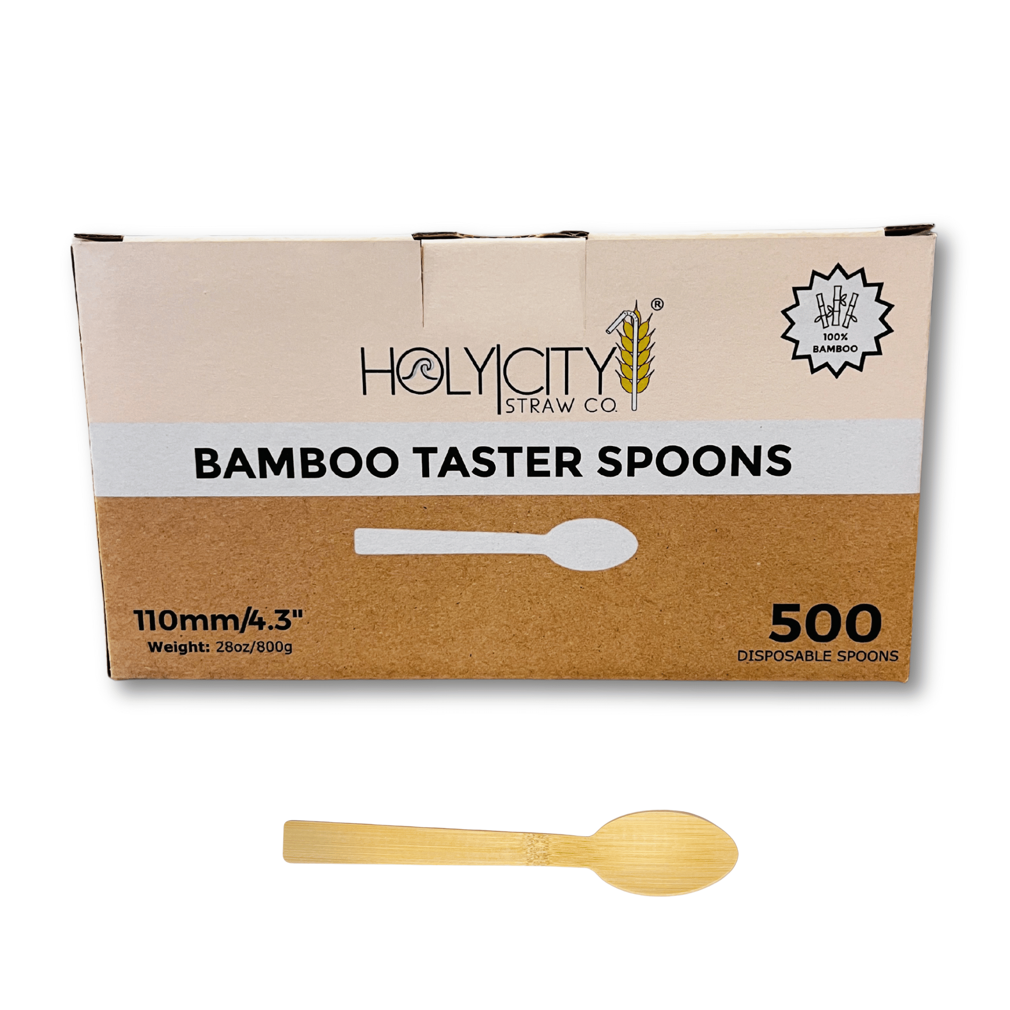 Box of Holy City Straw Company Wrapped Bamboo Taster Spoons  500 disposable spoons