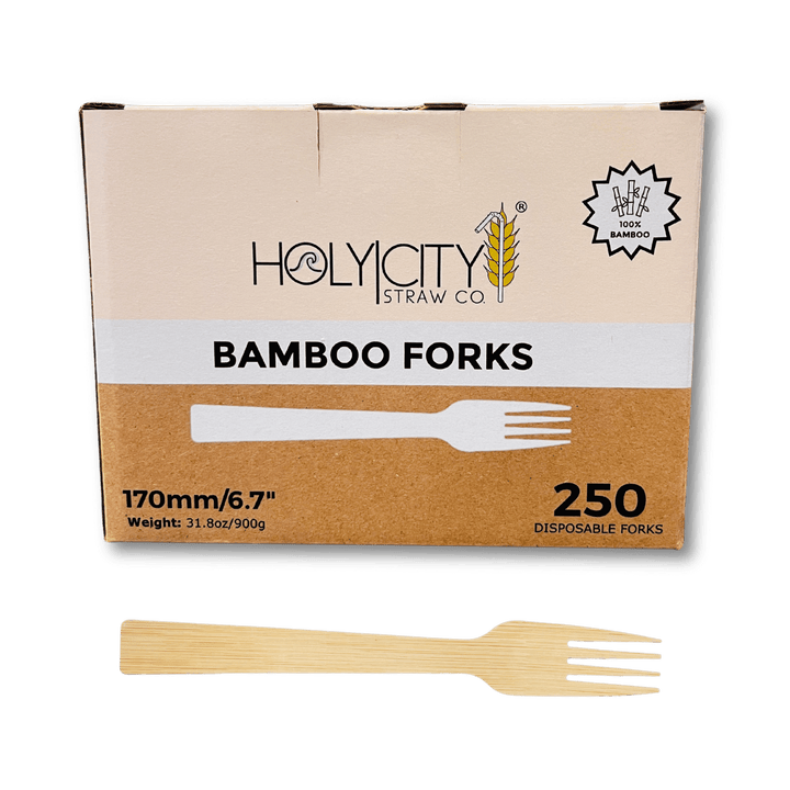 Box of Holy City Straw Company Bamboo Forks 250 disposable forks