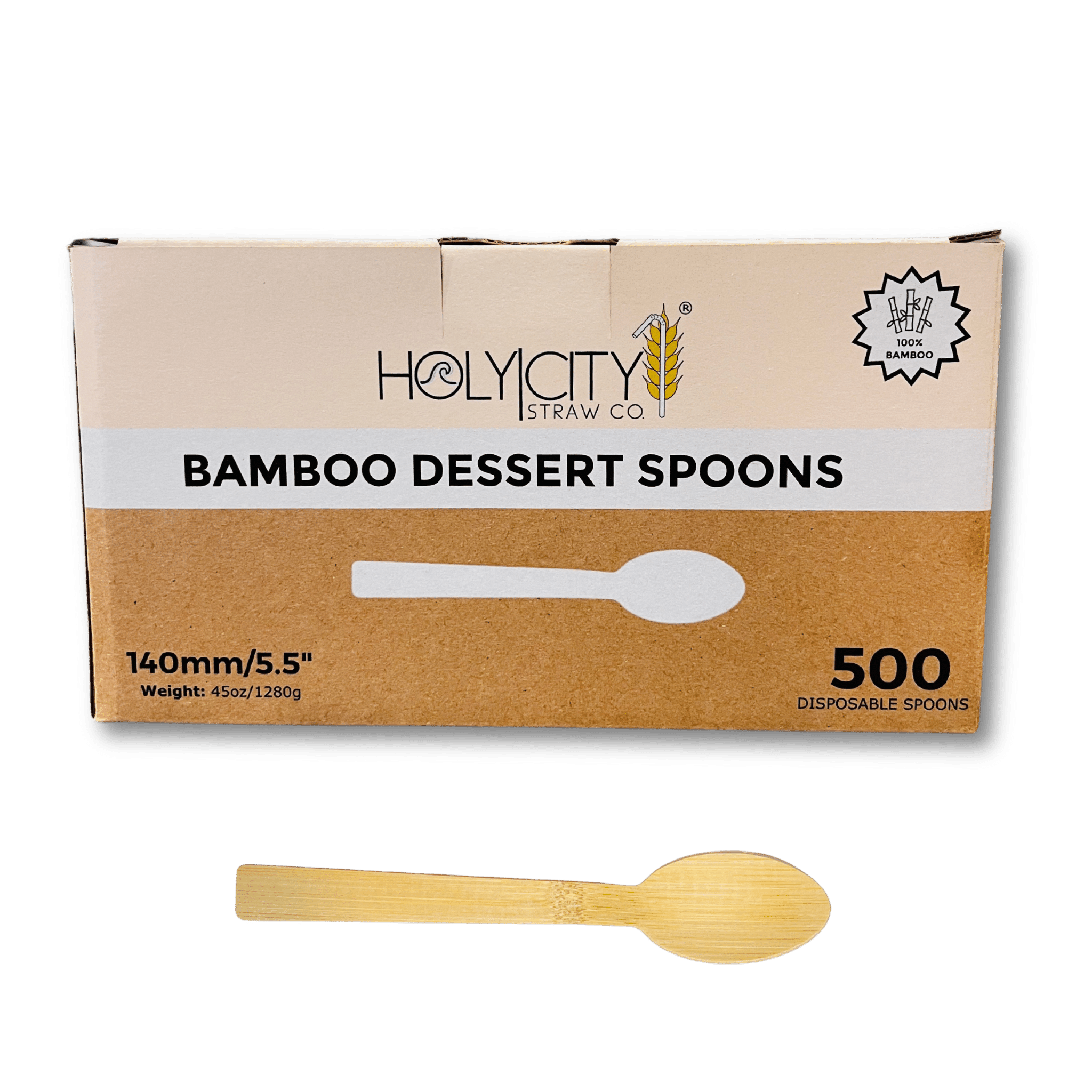 Box of Holy City Straw Company Wrapped Bamboo Dessert Spoons 500 disposable spoons
