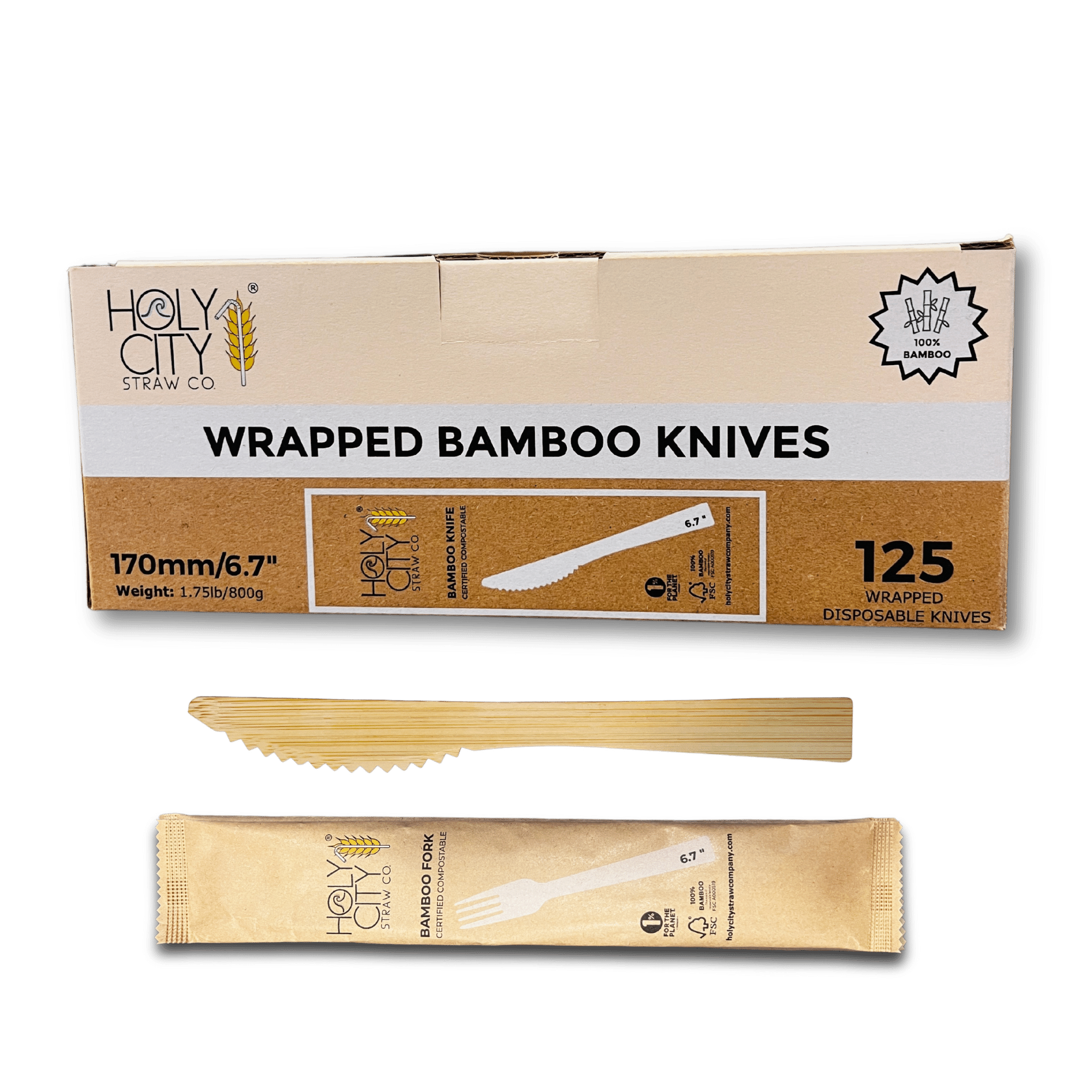 Box of Holy City Straw Company Wrapped Bamboo Knives 125 disposable knives each individually wrapped