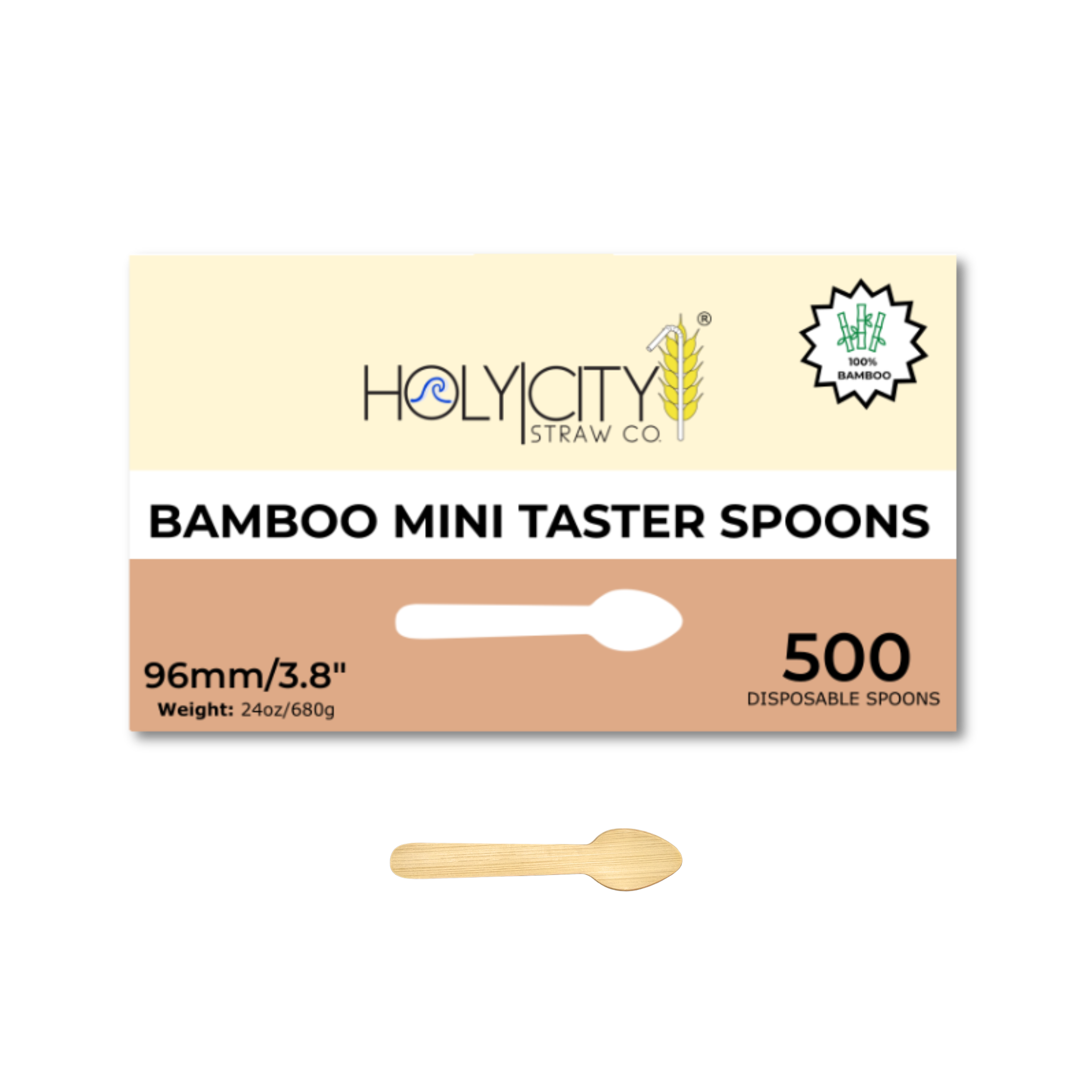 Box of Holy City Straw Company Wrapped Bamboo Mini Taster Spoons 500 disposable spoons