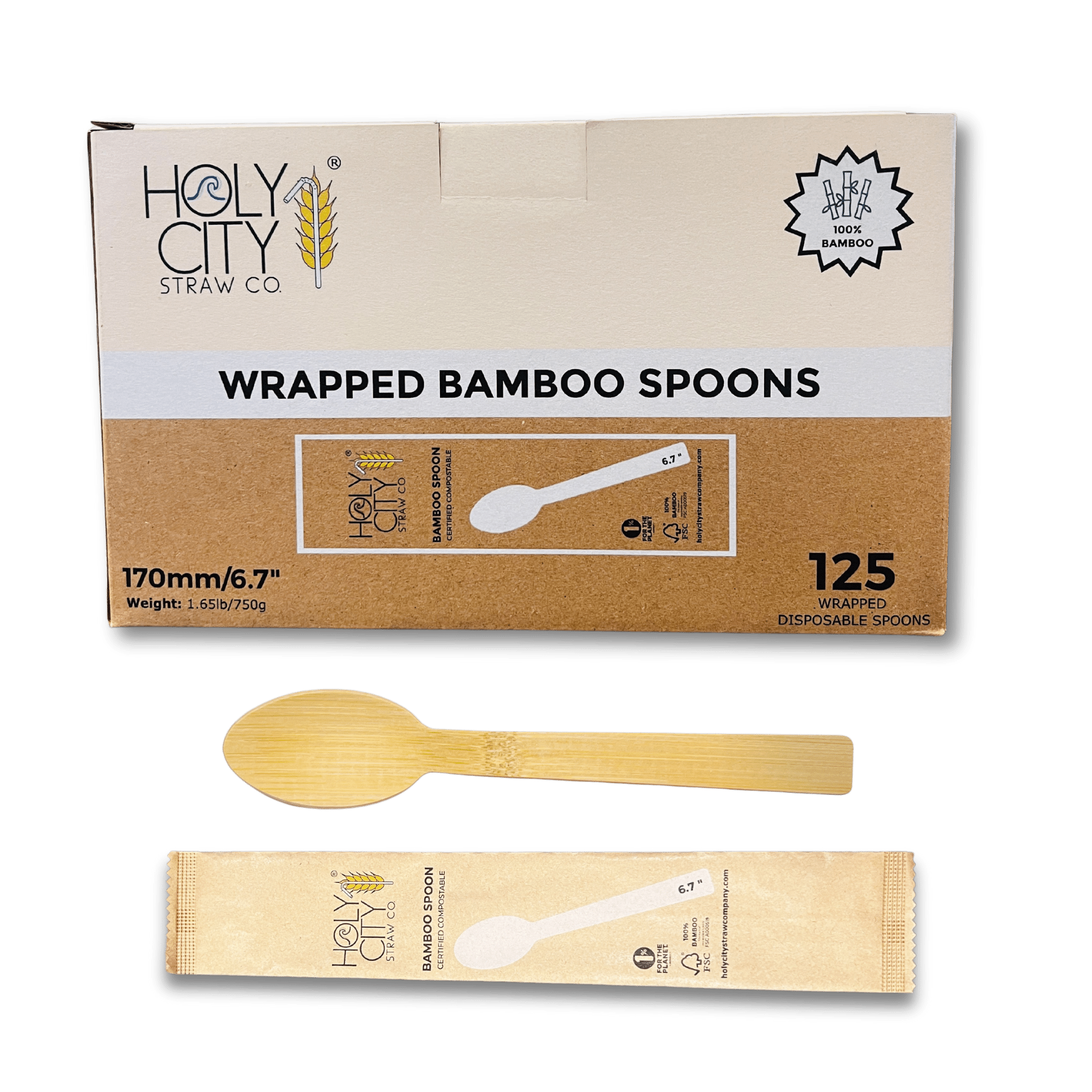Box of Holy City Straw Company Wrapped Bamboo Spoons 125 disposable spoons each individually wrapped