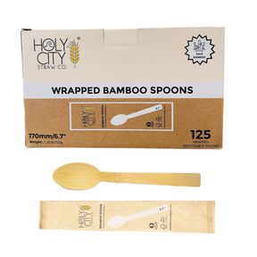 A product image of a 250-piece box of wrapped disposable bamboo spoons by Holy City Straw Company. Each spoon is 170mm (6.7 inches) in length, tree/plastic-free, heat resistant, BPA-free, and 100% biodegradable.