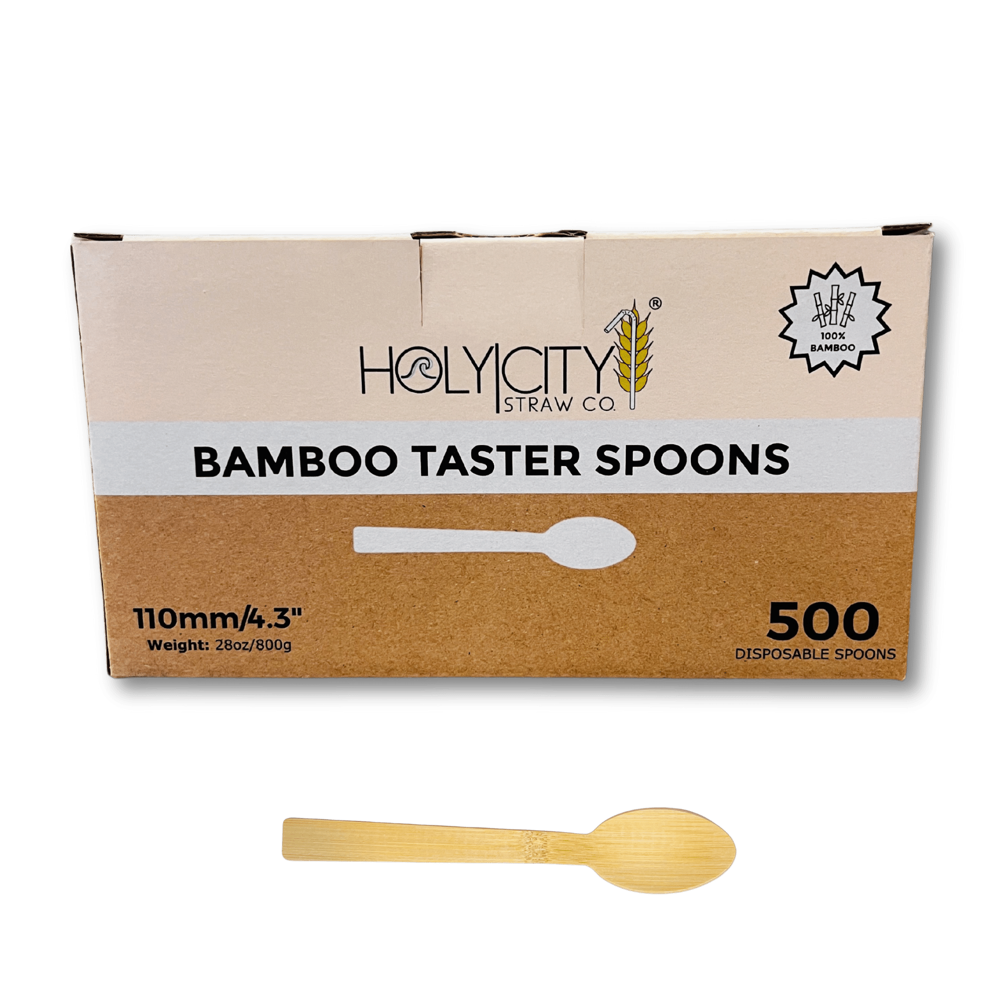 Box of Holy City Straw Company Wrapped Bamboo Taster Spoons  500 disposable spoons