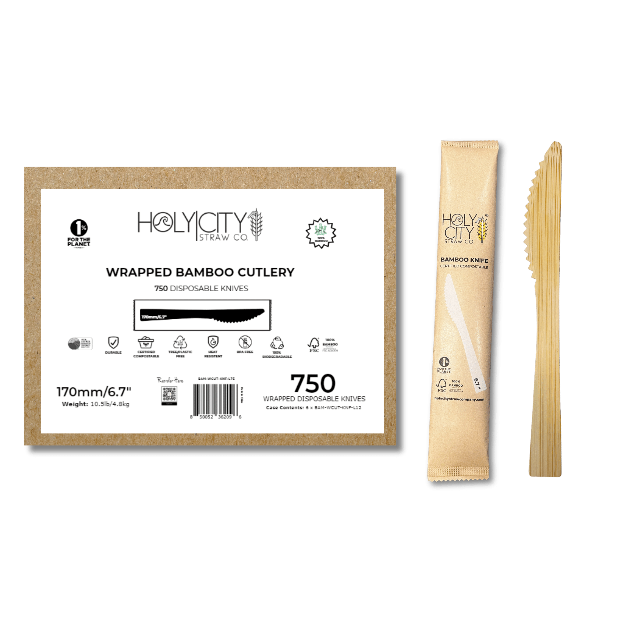 Case of Holy City Straw Company Wrapped Bamboo Knives 750 disposable knives each individually wrapped