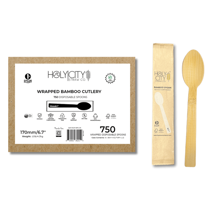 Case of Holy City Straw Company Wrapped Bamboo Spoons 750 disposable spoons each individually wrapped