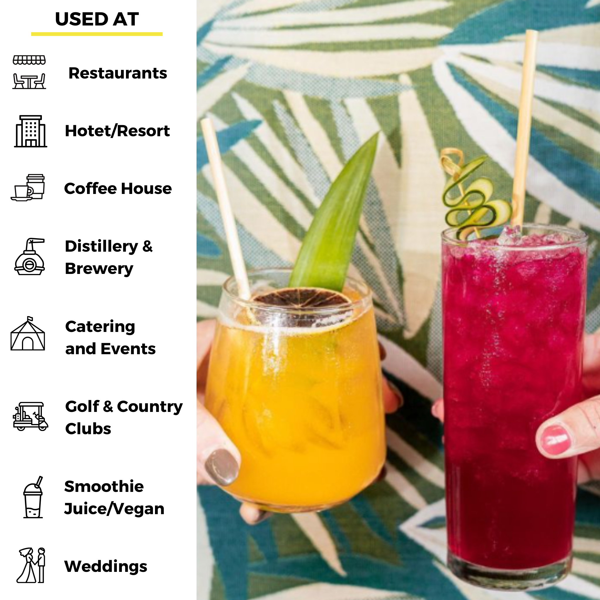 Two cocktails are held side by side, one garnished with a pineapple leaf and the other with a cucumber spiral. Both feature skinny reed straws. On the left side, a list outlines where these straws are commonly used, including restaurants, hotels/resorts, coffee houses, distilleries and breweries, catering and events, golf and country clubs, smoothie/vegan juice bars, and weddings.