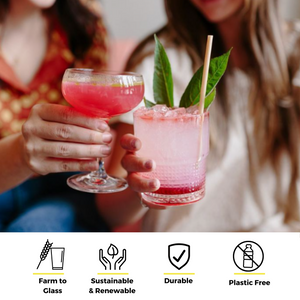 Two women are holding colorful cocktails, one in a coupe glass and the other in a clear glass with a cocktail skinny reed straw. The drinks are garnished with leaves and fruit, while icons below highlight that the straws are farm-to-glass, sustainable and renewable, durable, and plastic-free.