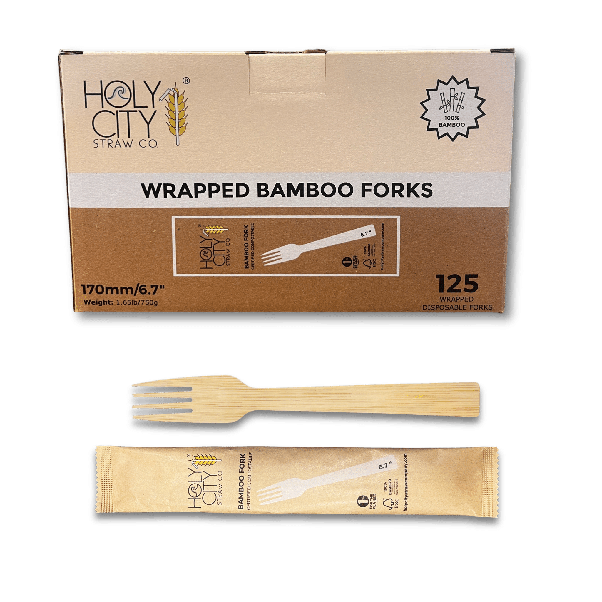 Holy City Straw Co Bamboo Cutlery 170mm Fork Wrapped 125ct front