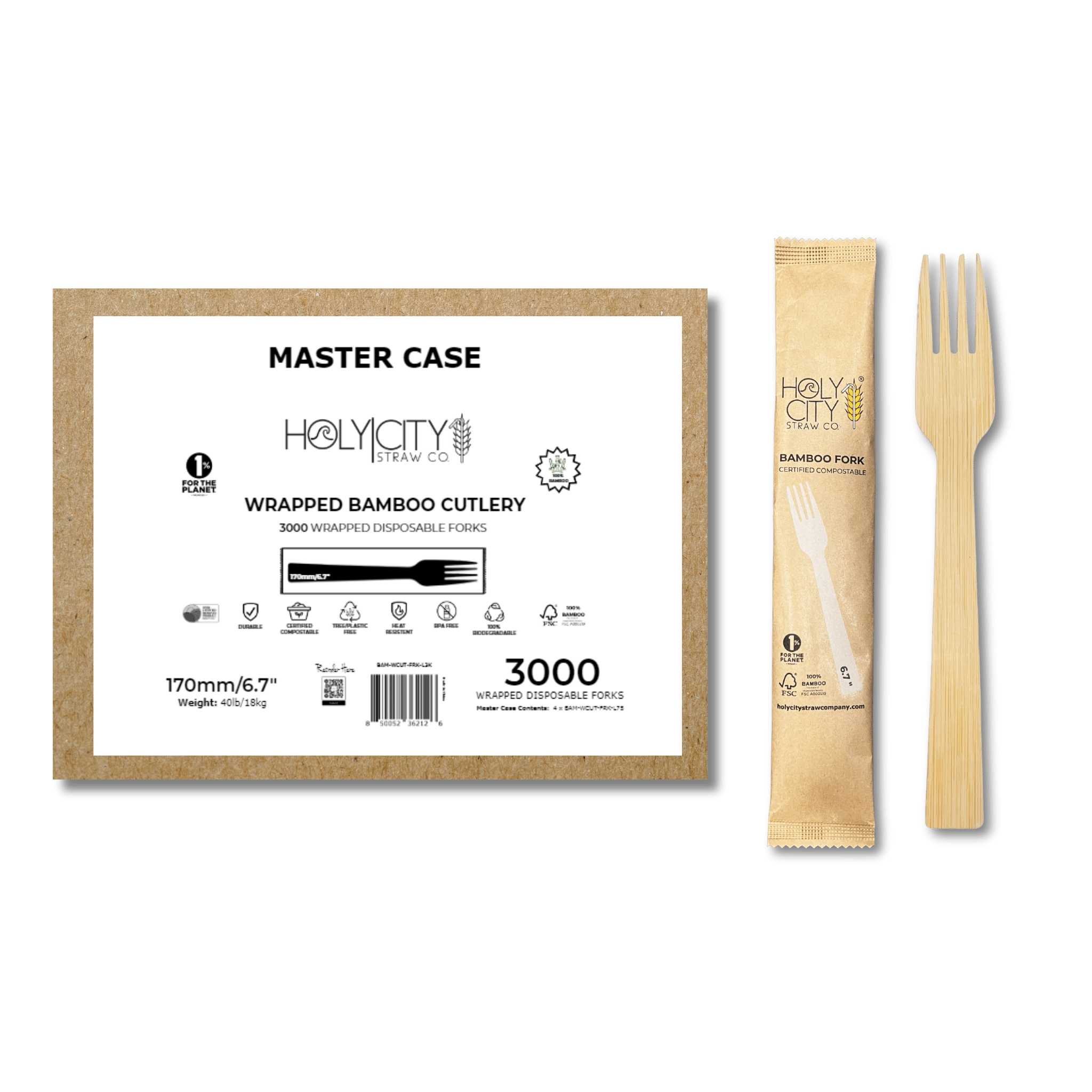 Holy City Straw Co Bamboo Cutlery 170mm Fork Wrapped 3000ct master case