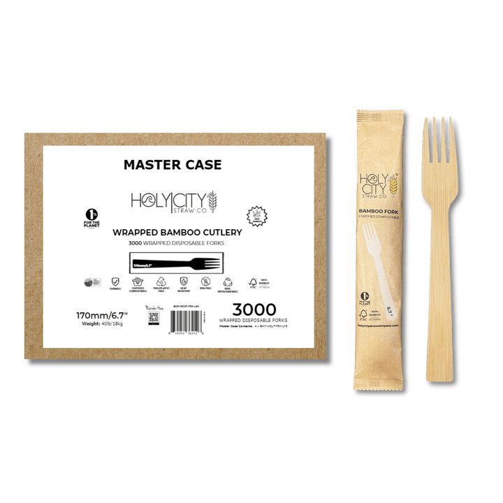 Holy City Straw Co Bamboo Cutlery 170mm Fork Wrapped 3000ct master case
