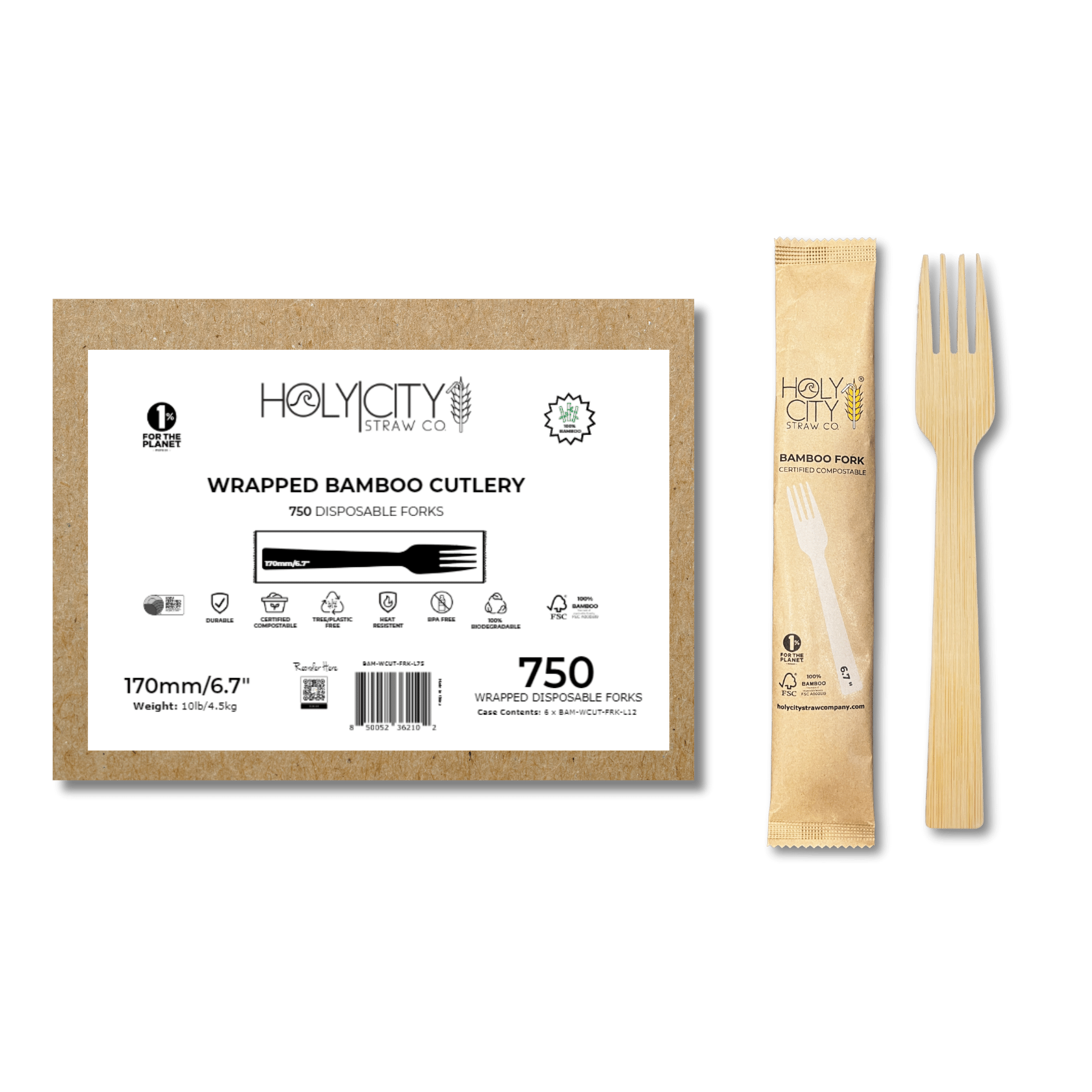 Holy City Straw Co Bamboo Cutlery 170mm Fork Wrapped 750ct Case