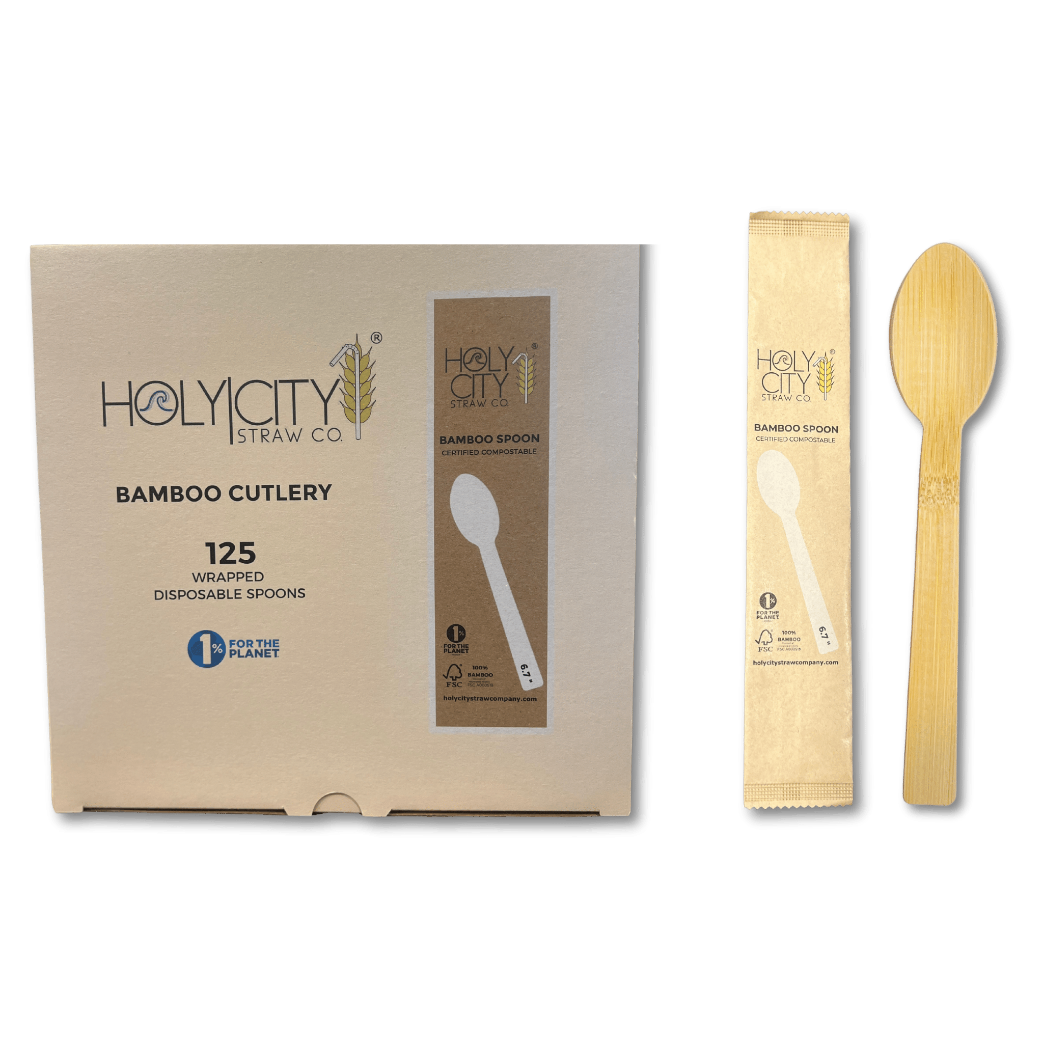 Holy City Straw Co Bamboo Cutlery 6.7 inch Spoon Wrapped 125ct Top