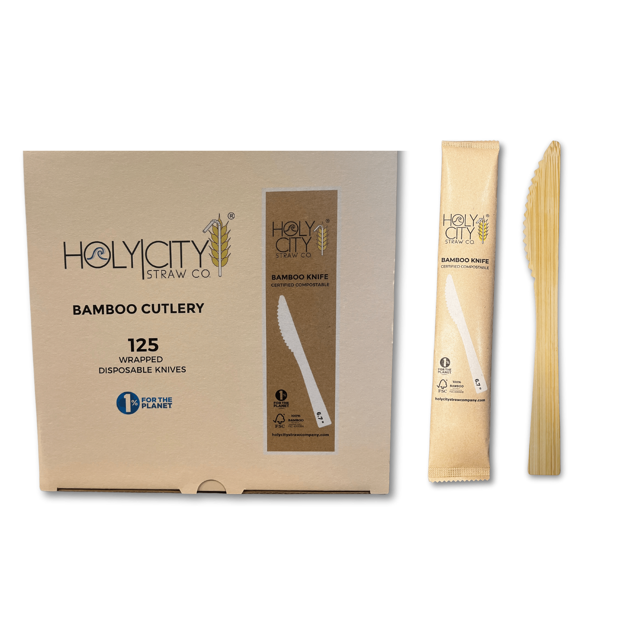  inch Holy City Straw Co Bamboo Cutlery kife Wrapped 125ct Top