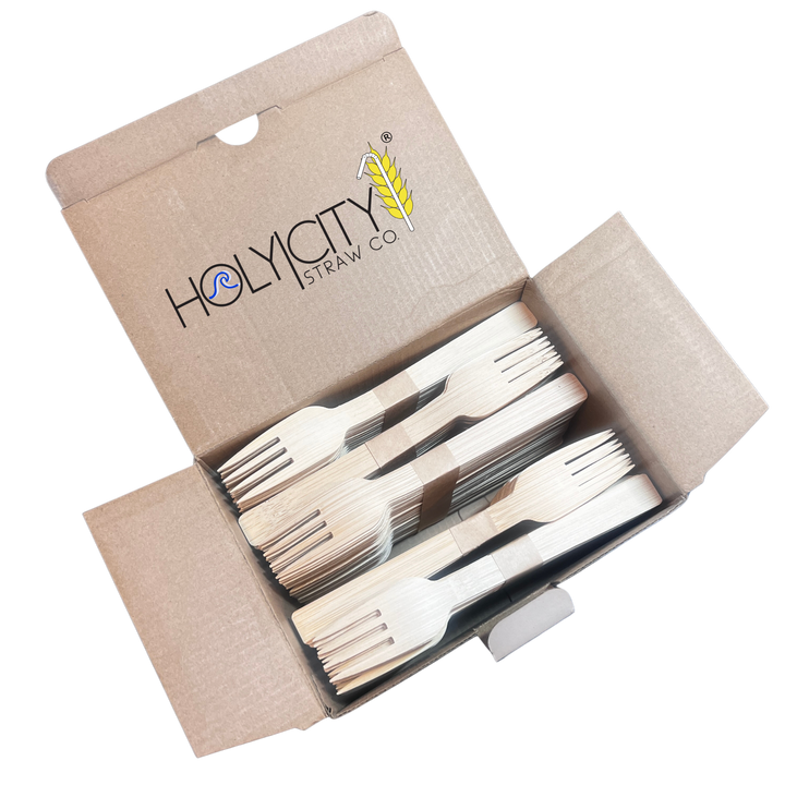 Holy City Straw Co. 250 count open box of unwrapped forks angled