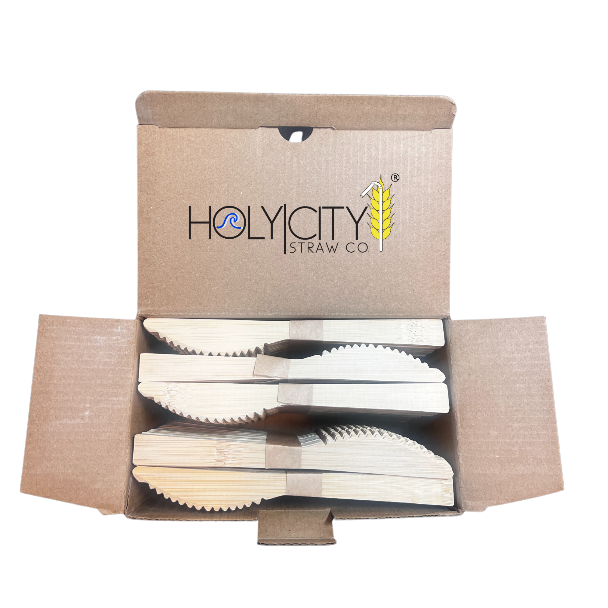 Holy City Straw-Co. 500-count open box of unwrapped knives top view