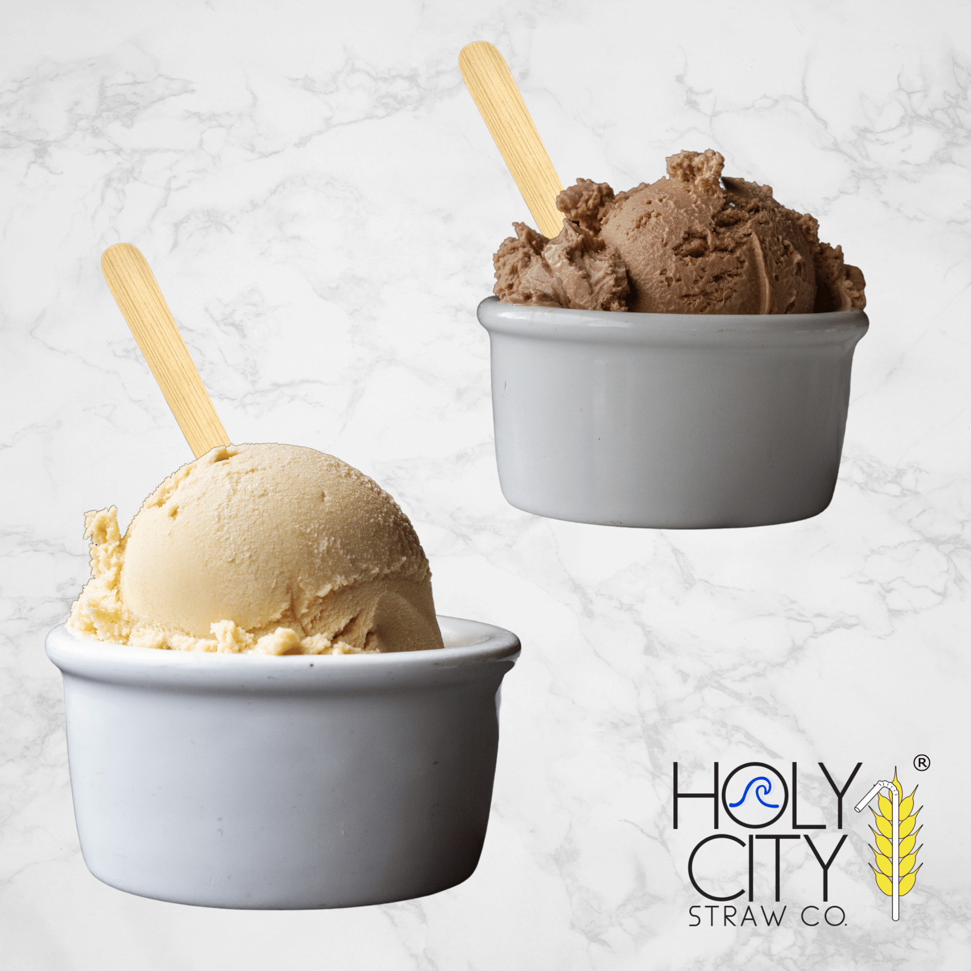 Two gray ceramic bowls on a marble background, each containing a scoop of ice cream with a bamboo taster spoon from Holy City Straw Co. The front bowl has a creamy beige scoop, possibly vanilla, while the bowl in the back contains chocolate ice cream. The Holy City Straw Co. logo is prominently displayed at the bottom right