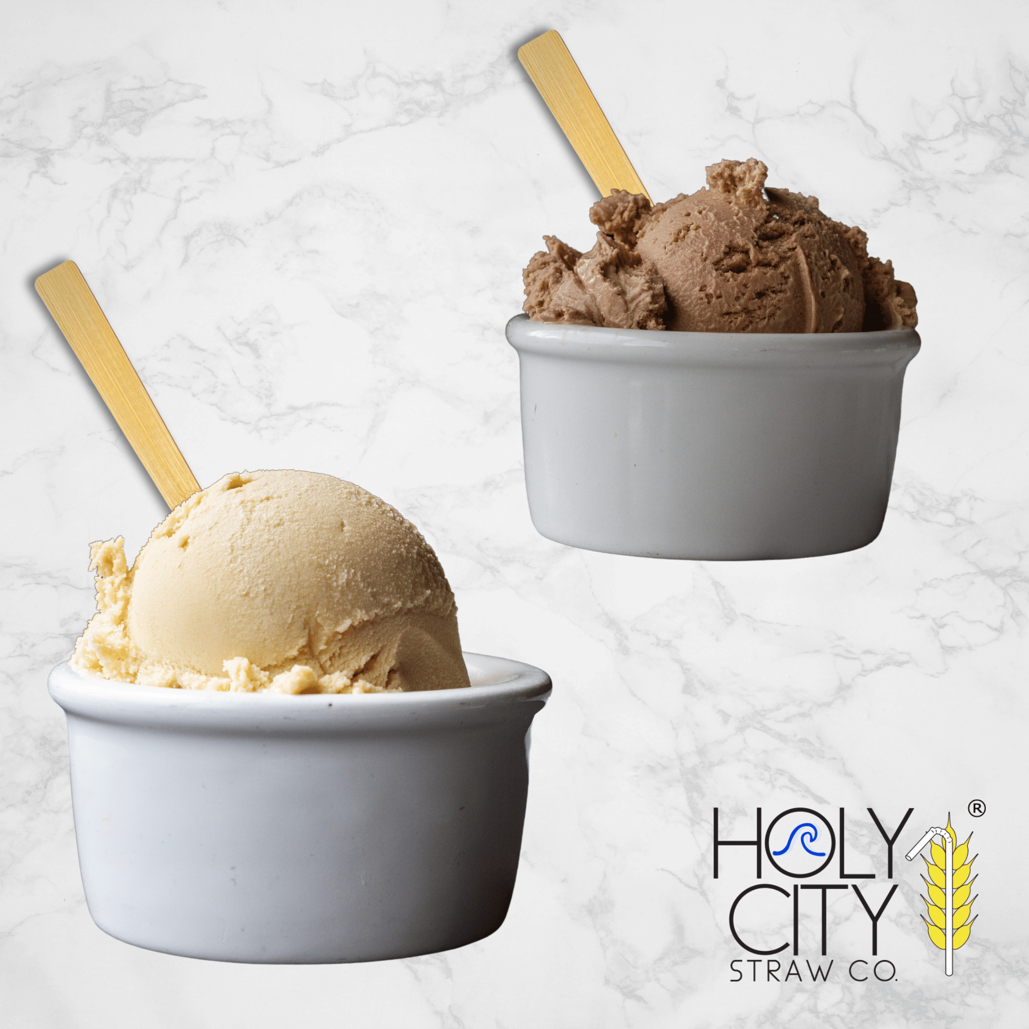 Two gray ceramic bowls on a marble background, each containing a scoop of ice cream with a bamboo taster spoon from Holy City Straw Co. The front bowl has a creamy beige scoop, possibly vanilla, while the bowl in the back contains chocolate ice cream. The Holy City Straw Co. logo is prominently displayed at the bottom right
