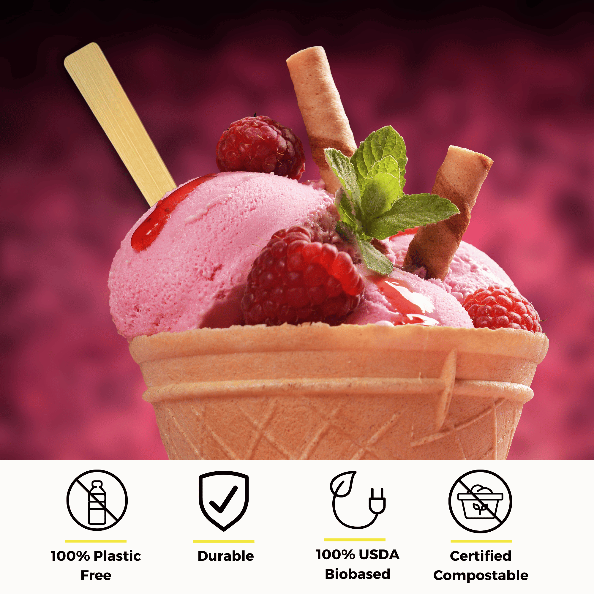A waffle cone filled with strawberry ice cream topped with fresh raspberries, a sprig of mint, and a rolled wafer, with an unwrapped bamboo dessert spoon from Holy City Straw Co. inserted into the scoop. Below the cone are icons with text stating 