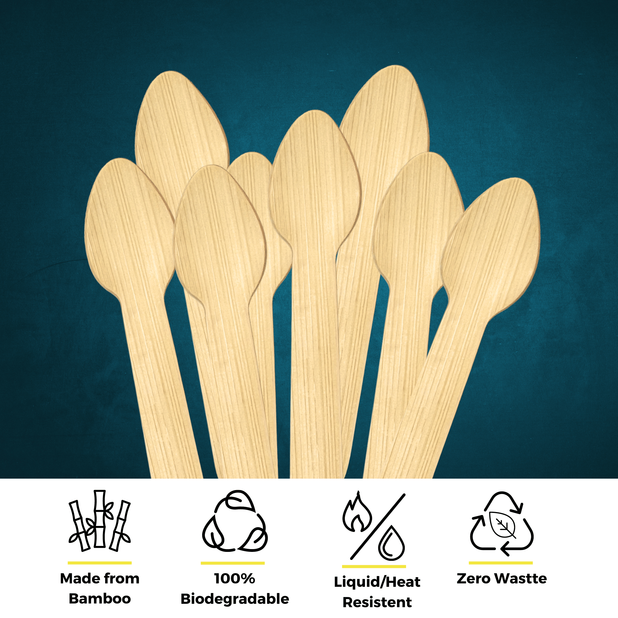 A bundle of bamboo spoons by Holy City Straw Co. grouped together on a dark background, showcasing the product's smooth, natural texture. Accompanying eco-friendly feature icons below highlight that the spoons are Made from Bamboo, 100% Biodegradable, Naturally Anti-bacterial, and contribute to Zero Waste