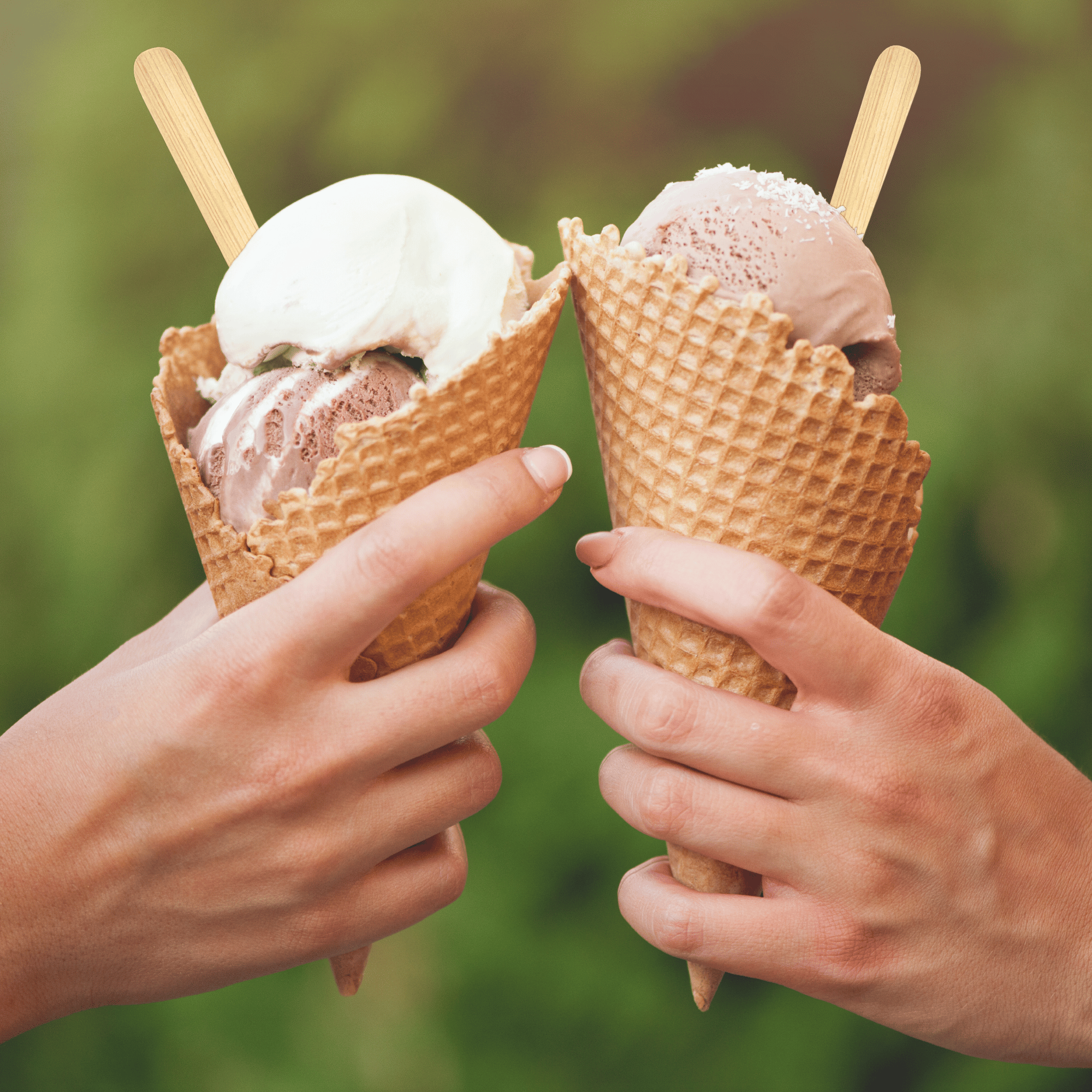 Two hands holding waffle cones with scoops of ice cream, the left cone with a single scoop of vanilla and the right cone with a scoop of chocolate and a scoop of strawberry. Both cones feature unwrapped taster bamboo spoons from Holy City Straw Co. The background is green and blurred, suggesting an outdoor setting