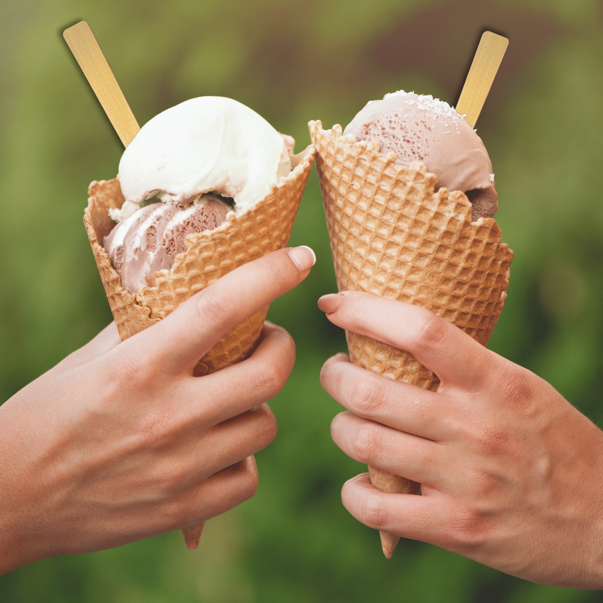 Two hands holding waffle cones with scoops of ice cream, the left cone with a single scoop of vanilla and the right cone with a scoop of chocolate and a scoop of strawberry. Both cones feature unwrapped taster bamboo spoons from Holy City Straw Co. The background is green and blurred, suggesting an outdoor setting