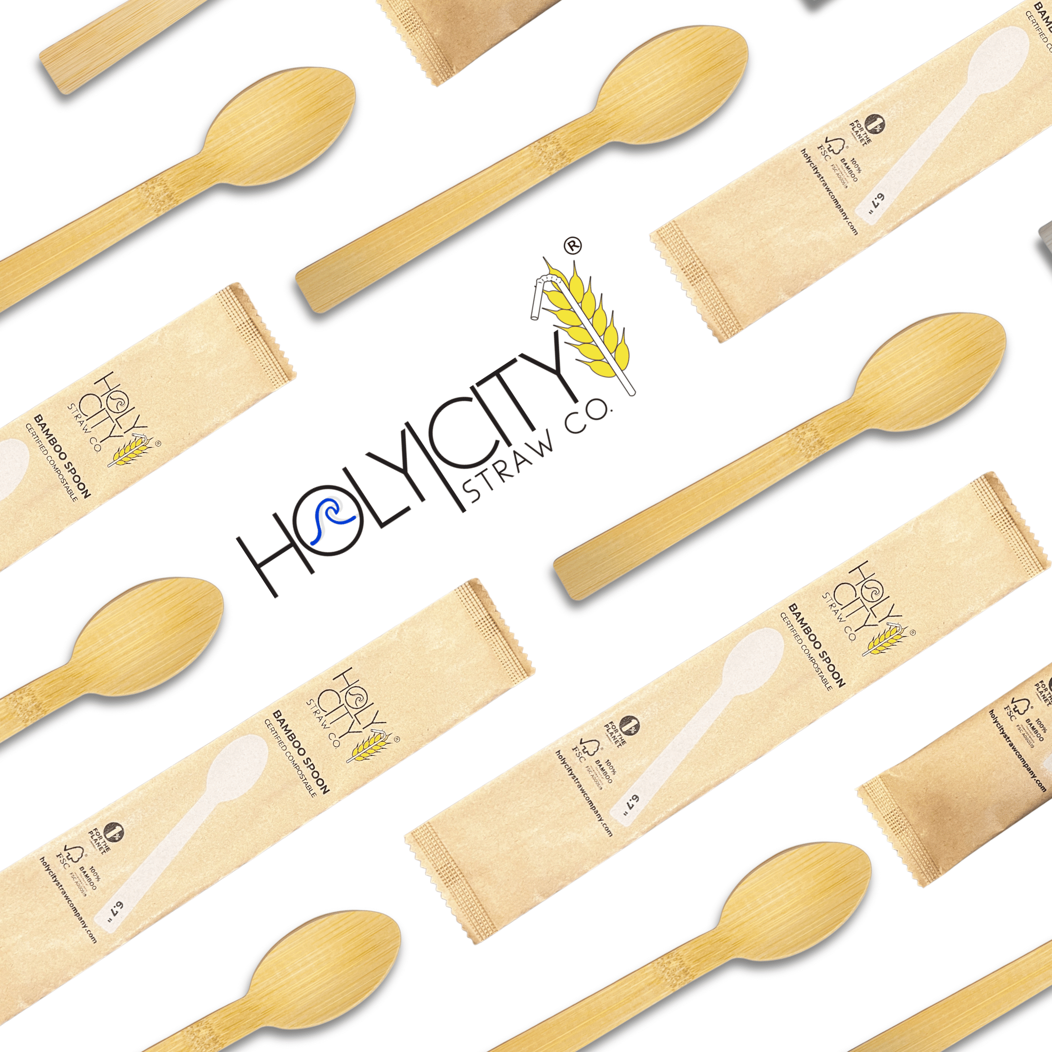 Holy City Straw Co. wrapped bamboo spoons lined up on angle