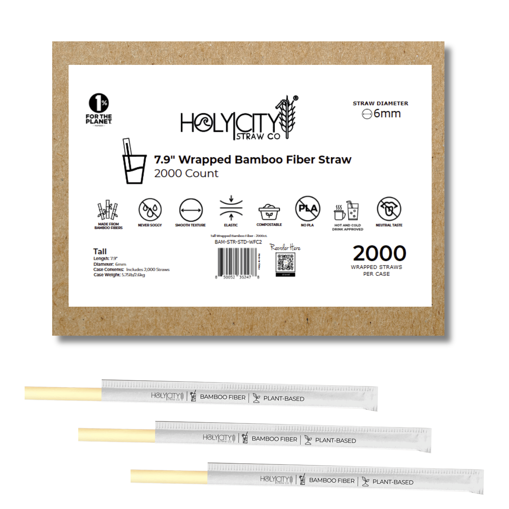 7.9-inch wrapped bamboo fiber straws by Holy City Straw Co, 2000-count package with a 6mm diameter. Crafted from plant-based bamboo fiber, these straws are designed to blend sustainability and affordability.