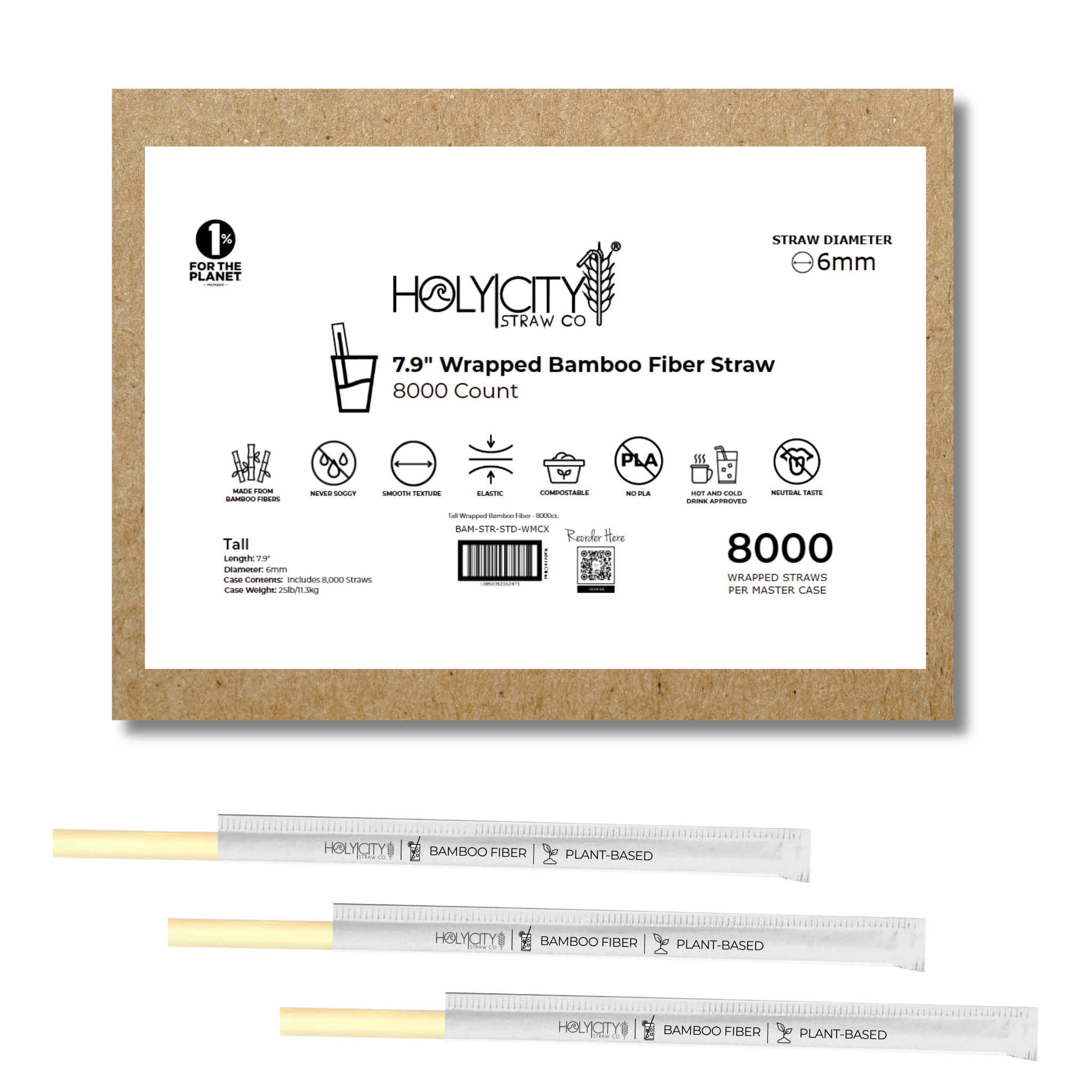 7.9-inch wrapped bamboo fiber straws by Holy City Straw Co, 8000-count package with a 6mm diameter. Crafted from plant-based bamboo fiber, these straws are designed to blend sustainability and affordability