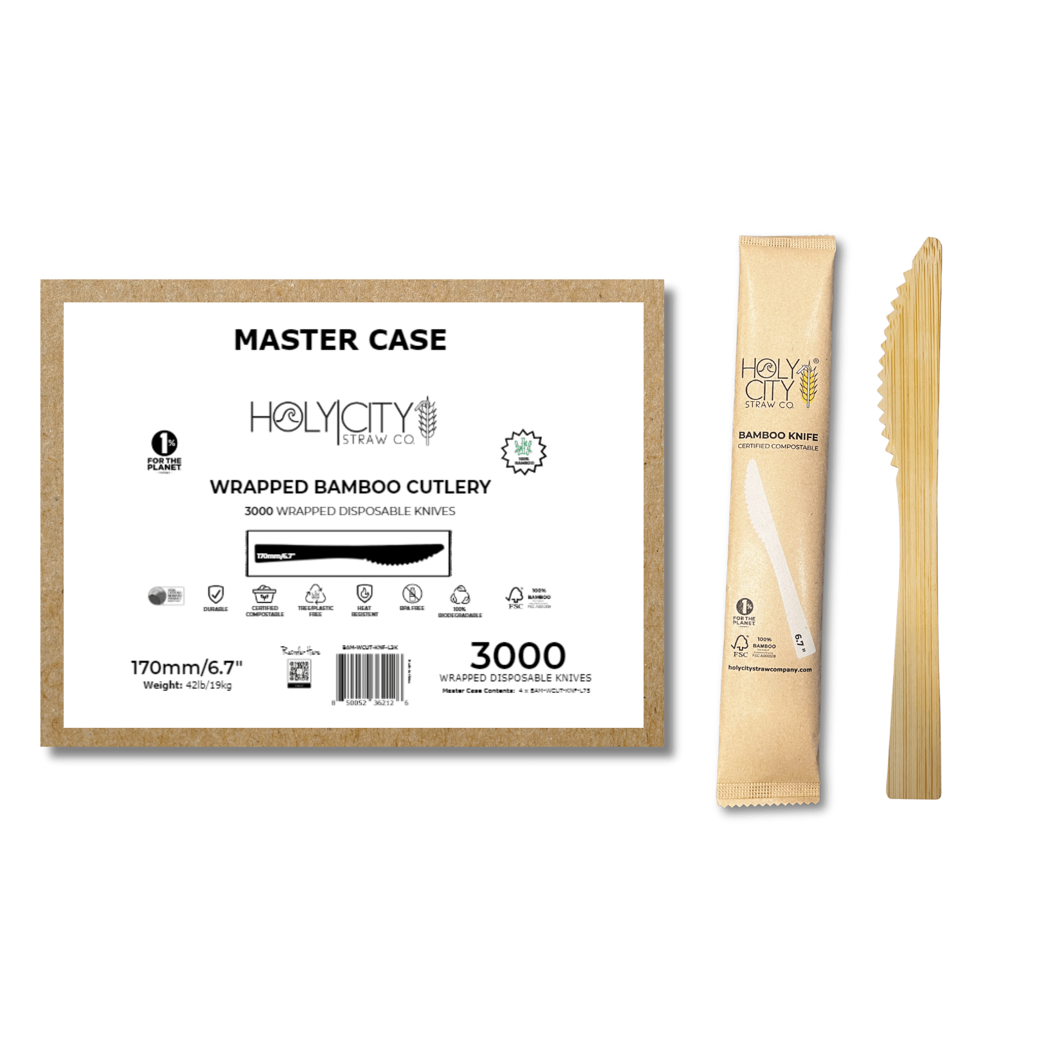 Master Case of Holy City Straw Company Wrapped Bamboo Knives 3000 disposable knives each individually wrapped