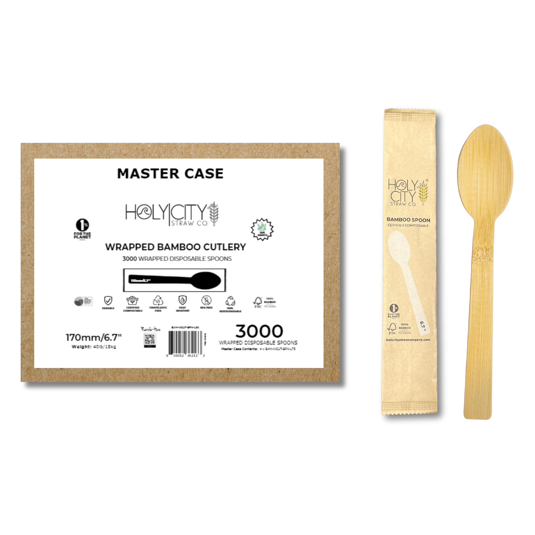 Master Case of Holy City Straw Company Wrapped Bamboo Spoons 3000 disposable spoons each individually wrapped