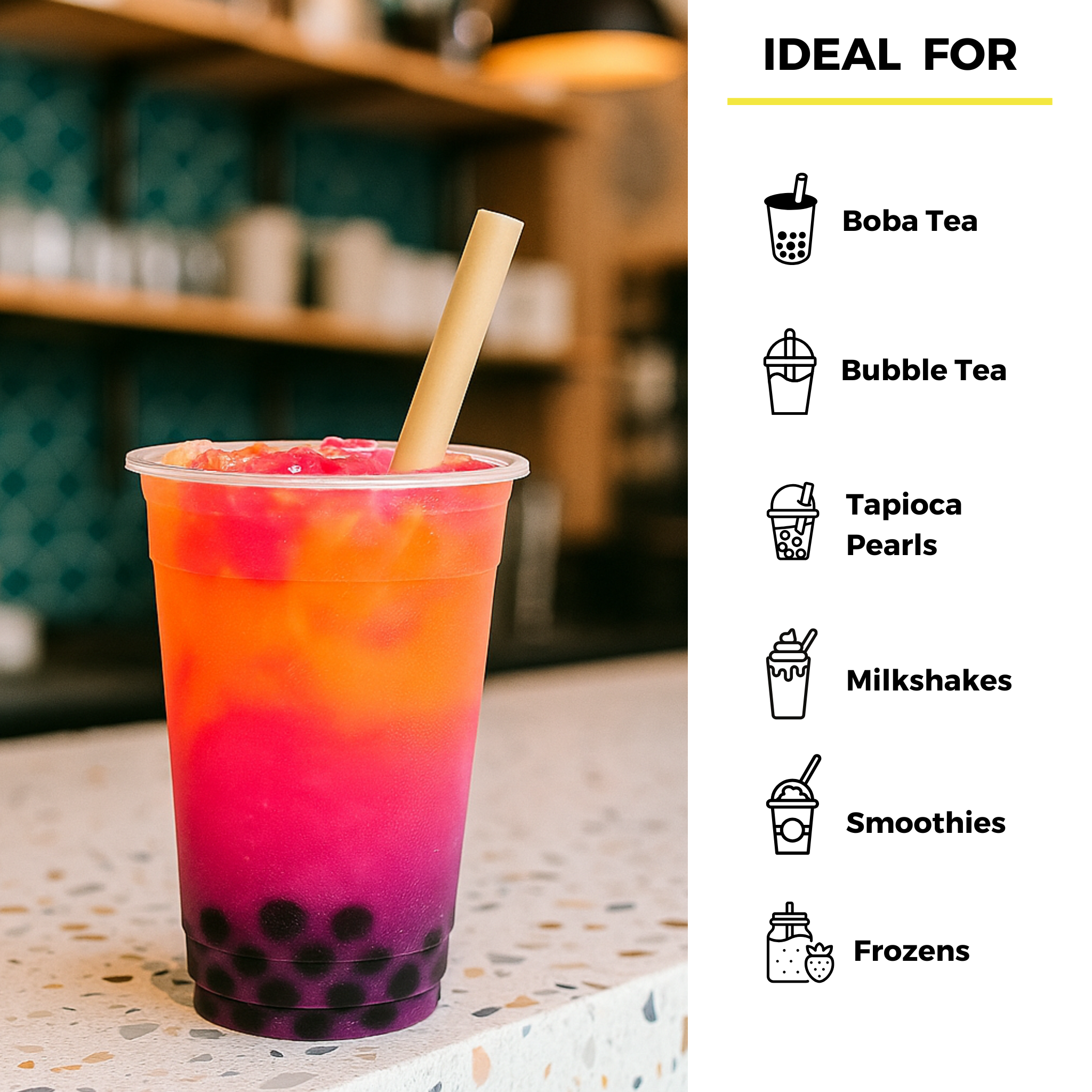 Holy City bamboo fiber boba straw in a vibrant bubble tea drink with tapioca pearls, shown next to icons listing ideal uses including boba tea, bubble tea, and frozen drinks.