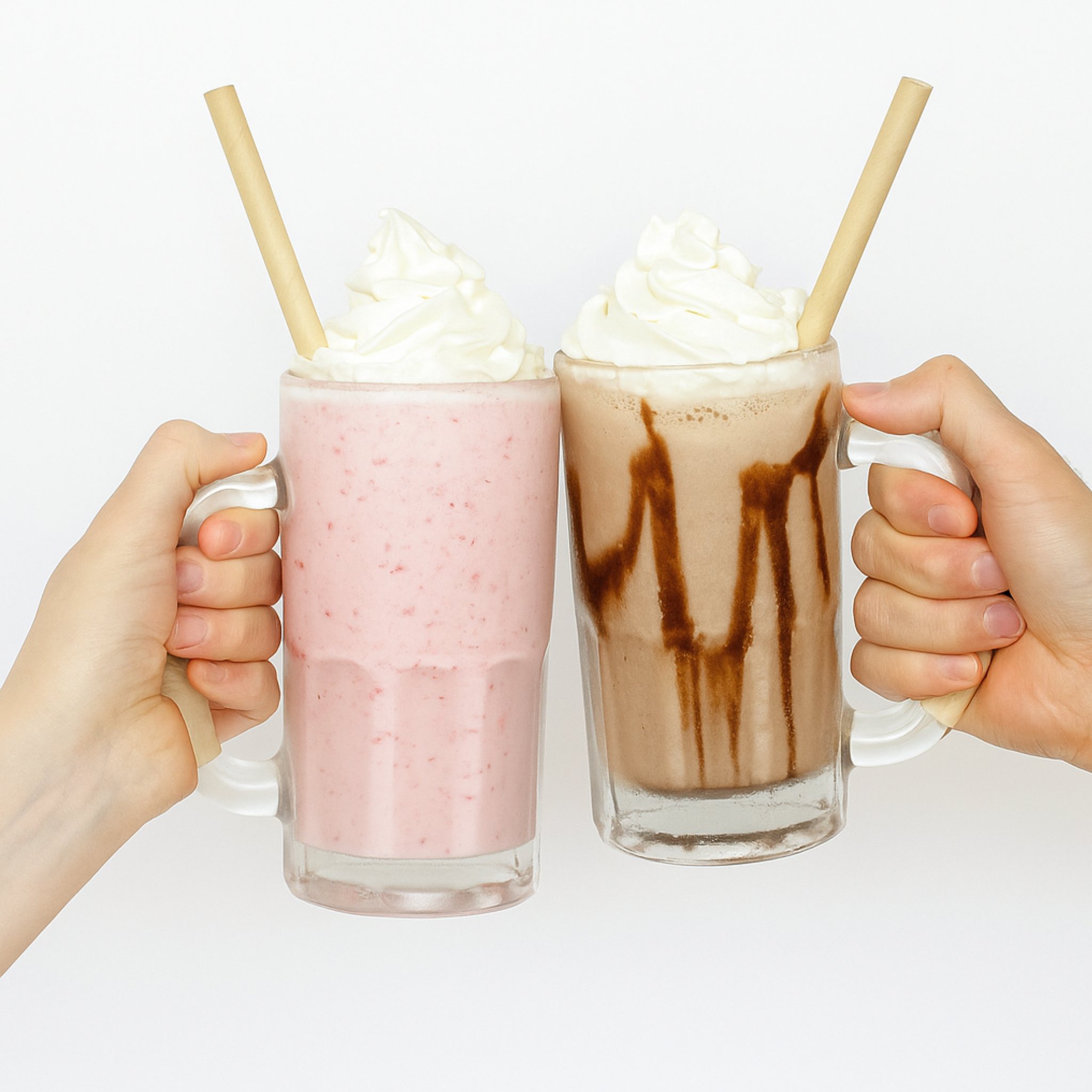 Two hands holding strawberry and chocolate milkshakes with whipped cream, each served with an eco-friendly bamboo fiber straw.